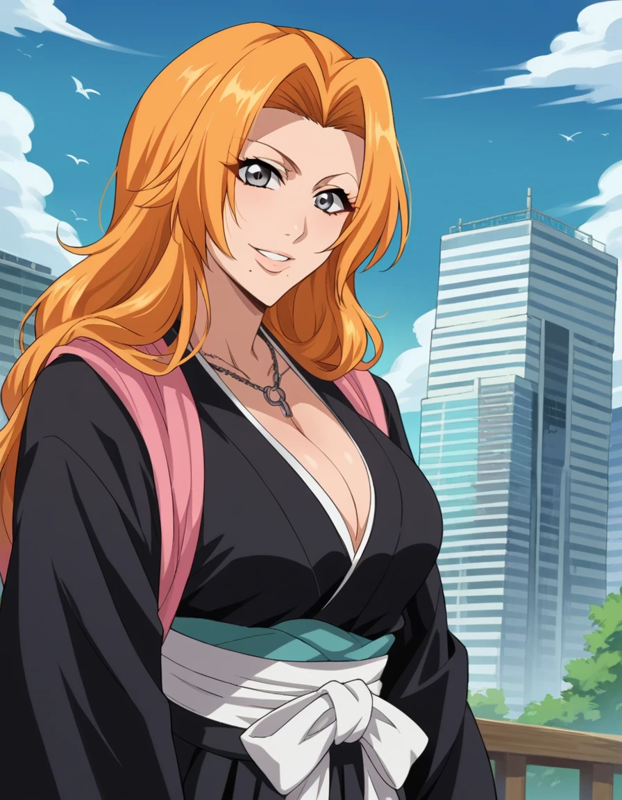 score_9, score_8_up, score_7_up, source_anime,
rangikumatsumoto, <lora:rangiku-matsumoto-anime-ponyxl-lora-nochekaiser:1>,
rangiku matsumoto, long hair, grey eyes, orange hair, mole, mole under mouth, parted bangs,
long sleeves, cleavage, jewelry, japanese clothes, kimono, necklace, black kimono, hakama, black hakama, sash, white sash,
outdoors, cityscape, smile,
looking at viewer, cowboy shot, dutch angle,