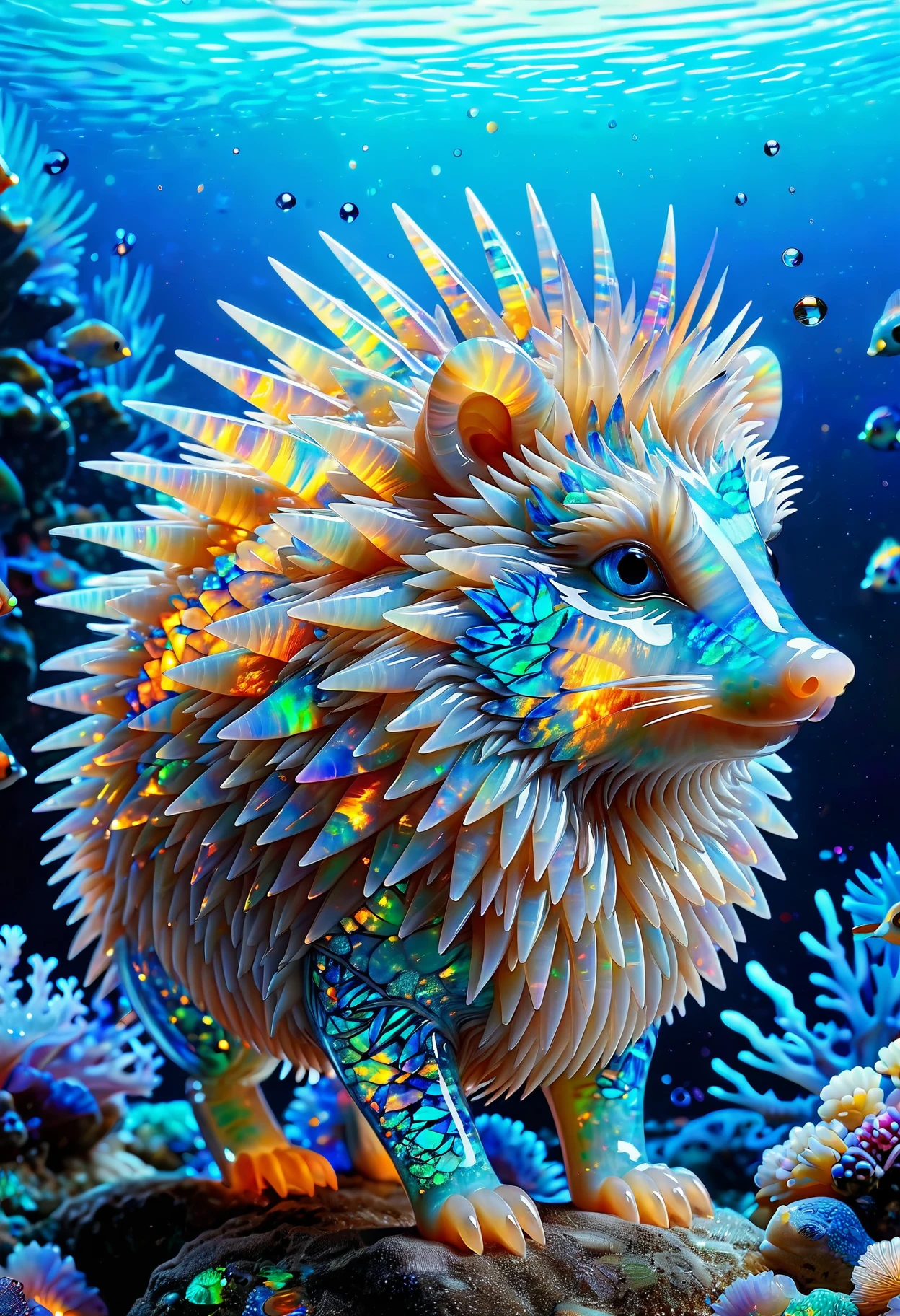 opal hedgehog, underwater, bioluminescence, quill tips glowing, colorful, whimsical, beautiful, high quality, (masterpiece, high detail, best quality), realistic, fantasy