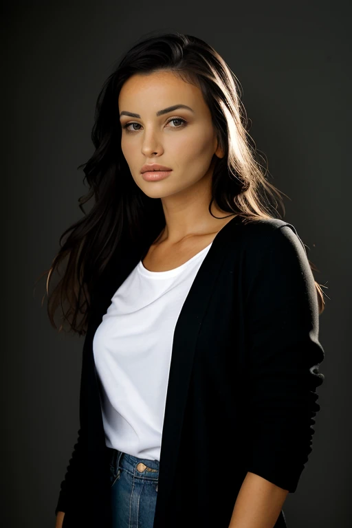 Digital photo of  a woman <lora:AlyssiaKent_V1:1>, brown eyes, dark brown hair, 1girl, solo, black hair, lips, brown eyes, looking at viewer, long hair, realistic, neutral light calm background,  realistic, looking at the viewer, looking at the viewer, backlighting, atmospheric. High dynamic range, vivid, rich details, clear shadows and highlights, realistic, intense, enhanced contrast, highly detailed