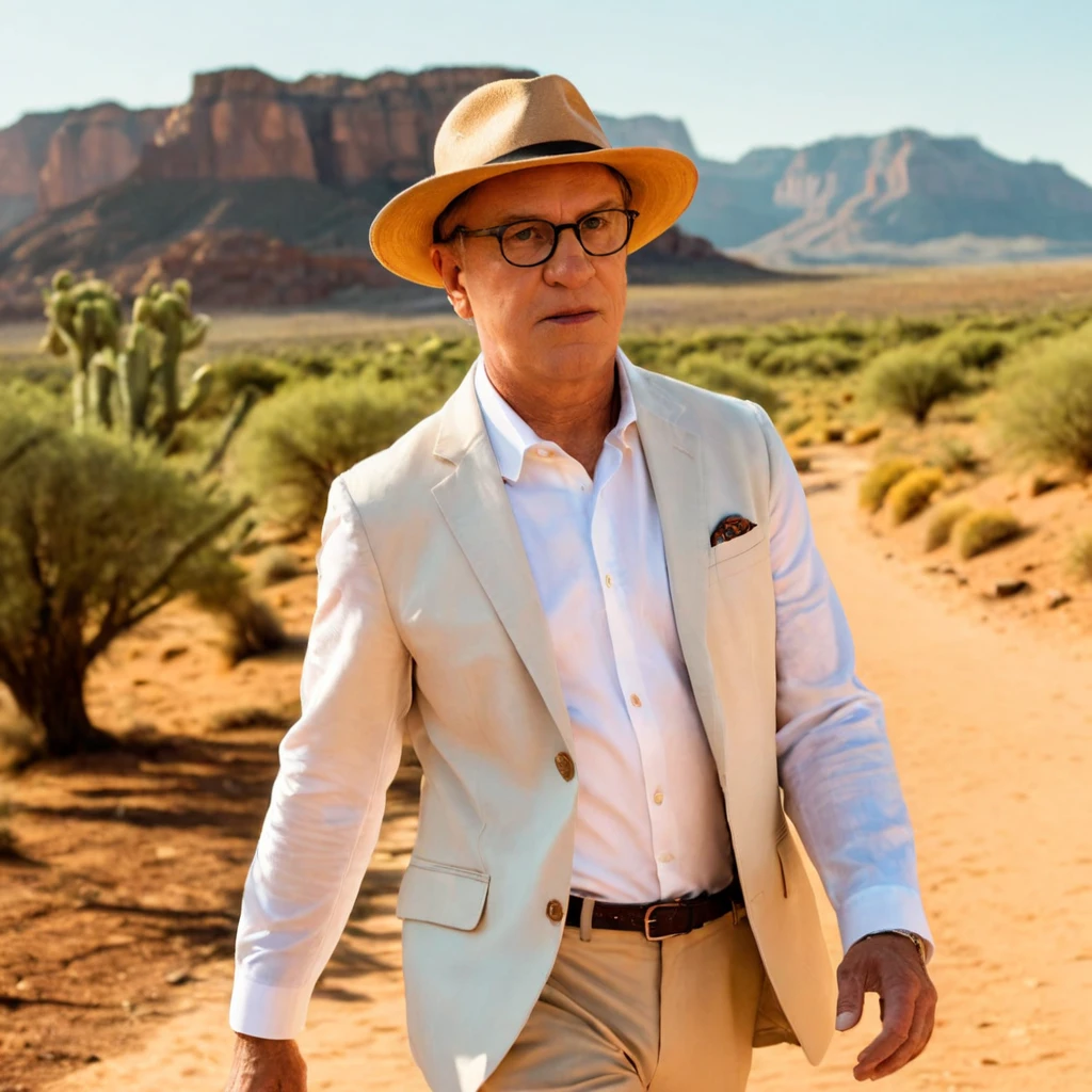 <lora:ismo:1.25> ismolaitela man wearing a white linen suit and a straw hat, walking in the desert, mesas in background, eyeglasses