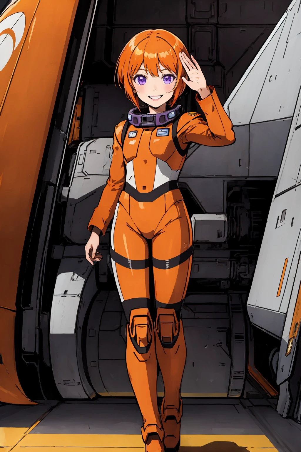 (masterpiece), best quality, expressive eyes, perfect face, purple eyes, (long sidelocks), pixie cut hair, orange hair, short hair, smile, full body, pilot suit, mecha hangar, pilot helmet, salute, <lora:cb1f2583-e153-43b8-a219-2b3217b5725f:0.7>