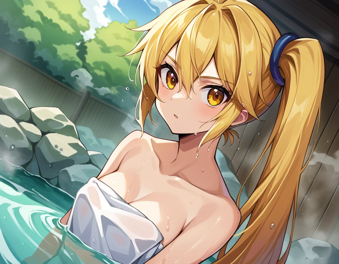 score_9, score_8_up, score_7_up, source_anime,
neruakita, <lora:neru-akita-ponyxl-lora-nochekaiser:1>,
neru akita, blonde hair, long hair, side ponytail, very long hair, yellow eyes,
nude, naked, 
outdoors, onsen, towel, naked towel, steam, bathing, nude cover, partially submerged, water, bath, steam censor, wet towel,
looking at viewer, cowboy shot, dutch angle,