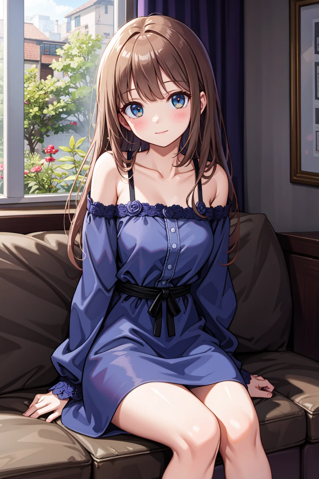 (best quality:1.4), amazing intricate, cute girl, sitting, arms at her side
