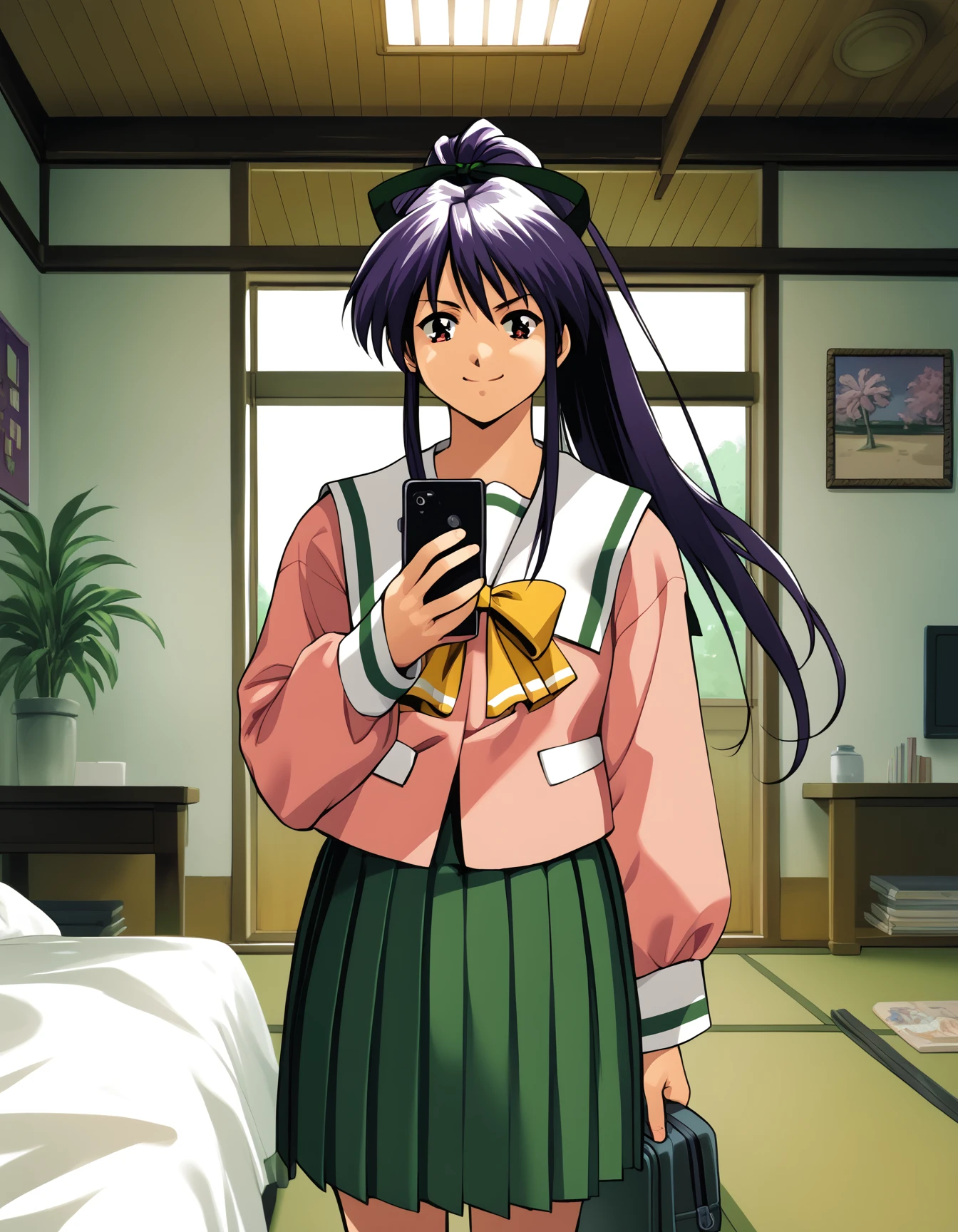 score_9,  score_8_up, score_7_up
<lora:takabe-eri-ponyxl-000028:1> takabe, purple hair, hair ribbon, serafuku, pink shirt, pleated skirt, green skirt,
1girl, smirk, cowboy shot, bedroom, looking at phone, ceiling fan, tatami, plant