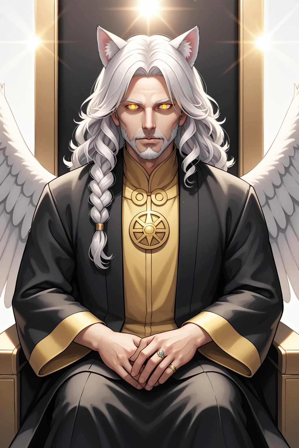 PonyXLV6_Scores, BREAK cat ears, animal ears, feathered wings, solo, long hair, looking at viewer, 1boy, jewelry, sitting, yellow eyes, white hair, male focus, wide sleeves, glowing, facial hair, ring, glowing eyes, beard, robe, throne, Tones of Black in Background, Agfacolor, 16-bit RGB, Dot Art, Tone Mapping, Unreal Engine, Ray Tracing Ambient Occlusion, Trending on Pixiv, Halfrear Lighting, Tesla Coil, Crepuscular Rays, Dot Matrix Display, Instax, Polaroid, Double-Exposure, Third-Person View, Electron Microscope, Telephoto, DOF, Dolly Zoom, Tilt Blur, Lens Flare, Rephotography, Octal, happy accidents, enigmatic, braided ponytail, curly hair, gradient hair, Polychromatic-Colors