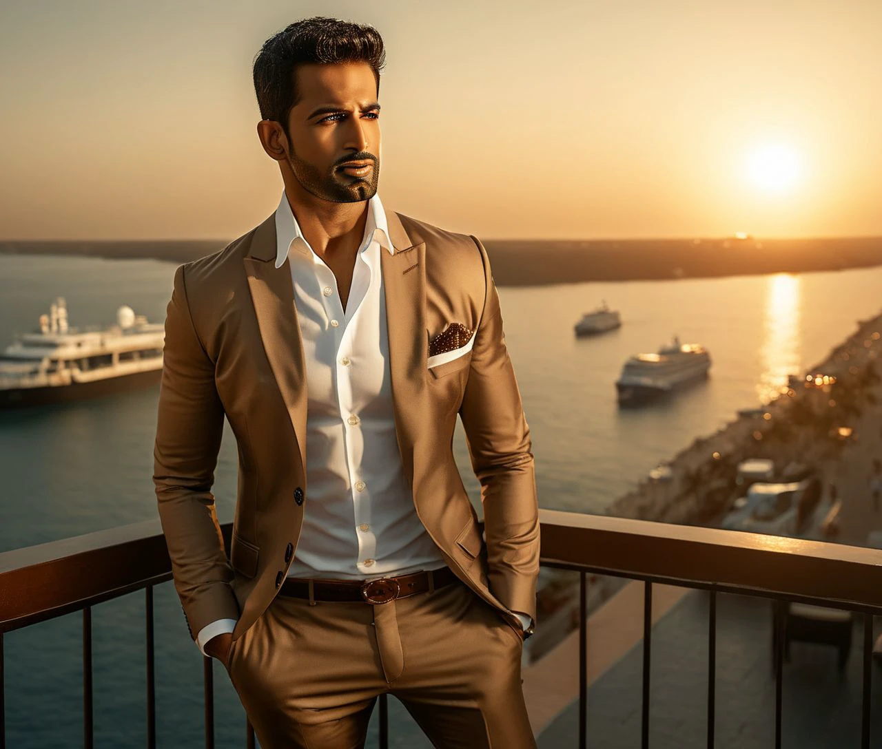 Nautical-themed (Photo:1.3) of (Ultrarealistic:1.3) <lora:Man_Men_FFashion:1> mahesh jadu a man <lora:Upen-Patel_Mahesh-Jadu:1> in a tan suit standing on a balcony, sun behind him, inspired by Pablo Munoz Gomez, shot at golden hour, editorial photograph, midshot of a hunky, by Roman Bezpalkiv, by Artur Tarnowski, maxim sukharev, by Gabor Szikszai,Highly Detailed,(Mono Color:1.3) . Sea, ocean, ships, maritime, beach, marine life, highly detailed