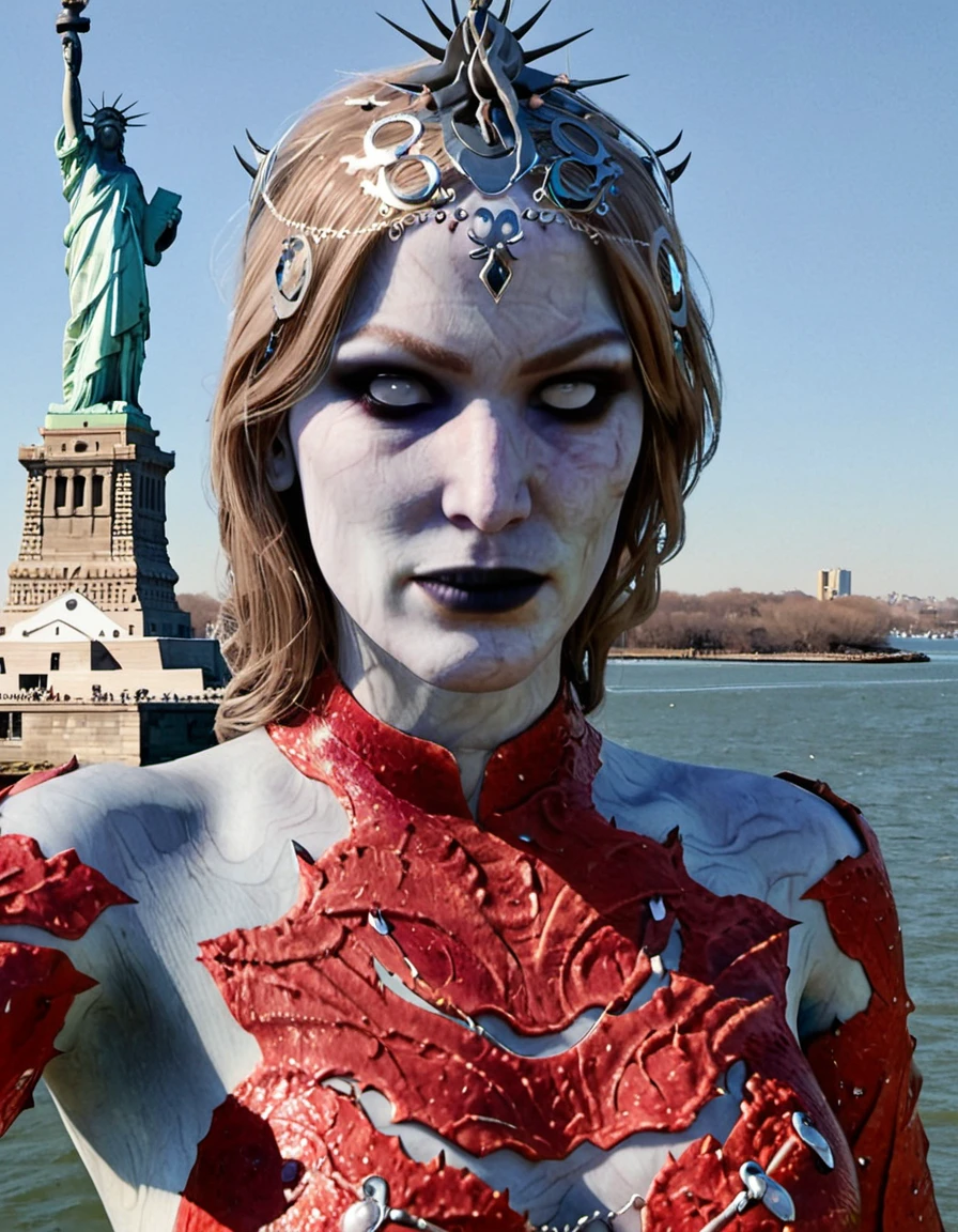 <lora:C2BD749547:1> Orin-The-Red with the statue of liberty in the background, white milky skin, white eyes, wearing red-cracked-bodysuit, wearing head ornament, wearing no makeup, looking at viewer, realistic matte skin, Selfie, (Skin Texture, pores, natural,iPhone,RAW)), evil expression. Highest Quality, Nikon Z9, 8k