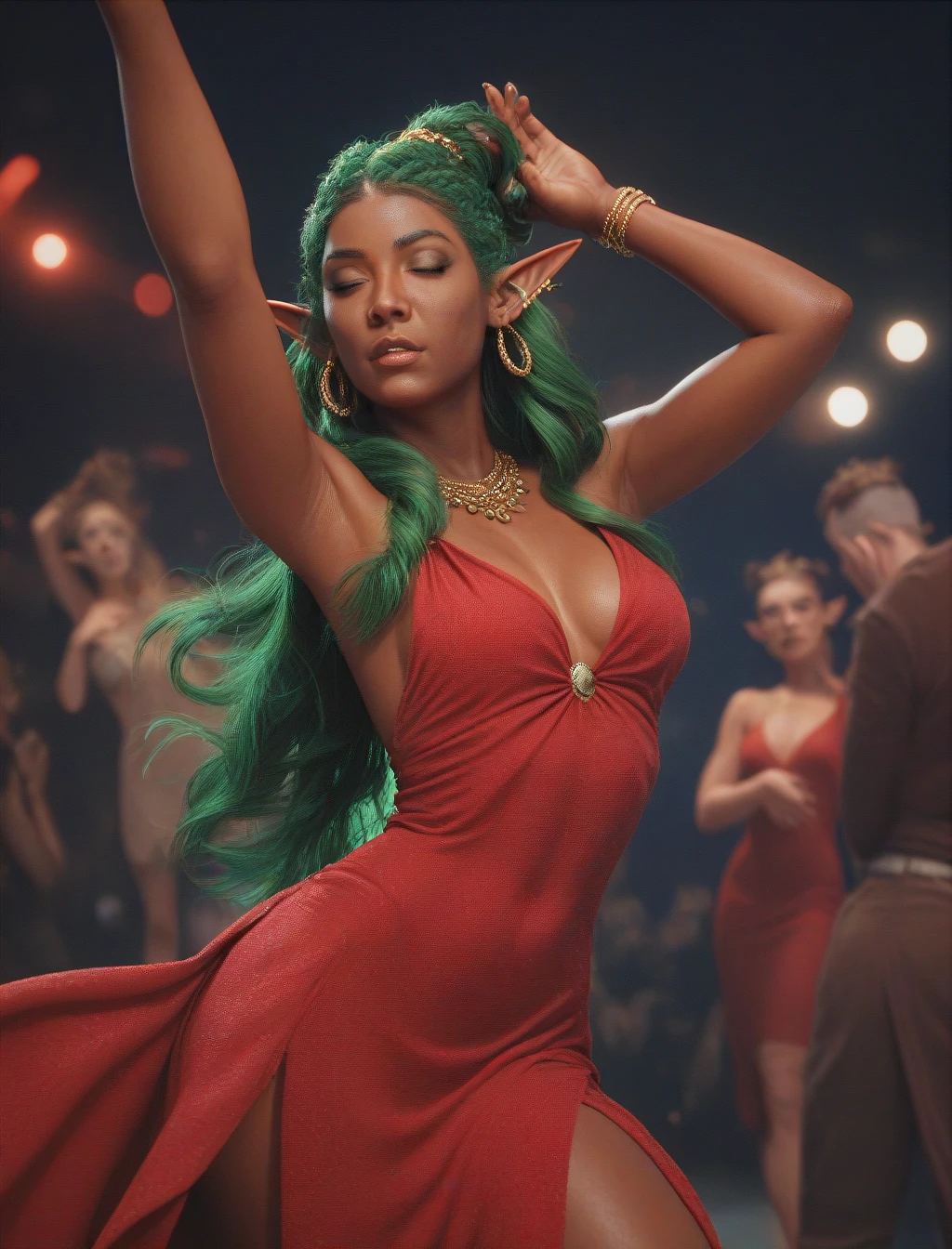 score_9, score_8_up, score_7_up, woman in red dress, dancing, night club background, elf ears, green hair, dark skin, fantasy, long hair, jewelry
