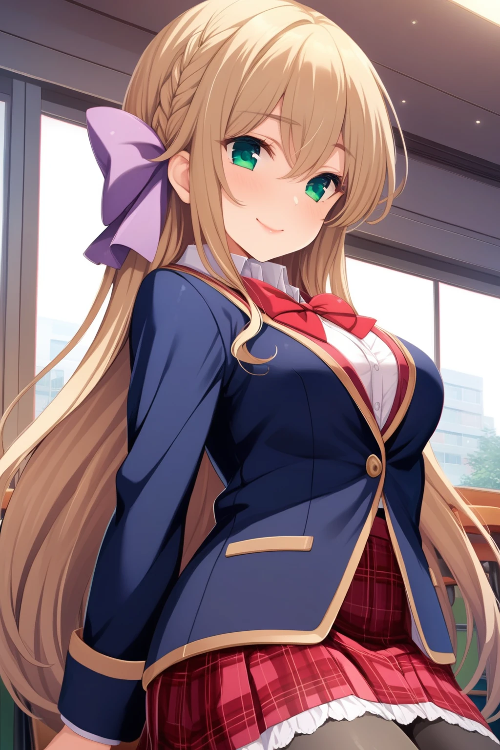 (masterpiece, best quality, very aesthetic, ultra detailed), intricate details, mochizukierena, solo, indoors, classroom, blonde hair, hair between eyes, french braid, hair ribbon, purple ribbon, very long hair, green eyes, medium breasts, blue jacket, blazer, red bowtie, white shirt, red skirt, plaid skirt, black pantyhose, school uniform, smile, closed mouth, :), pink lips, <lora:Mochizuki-Erena:0.7>