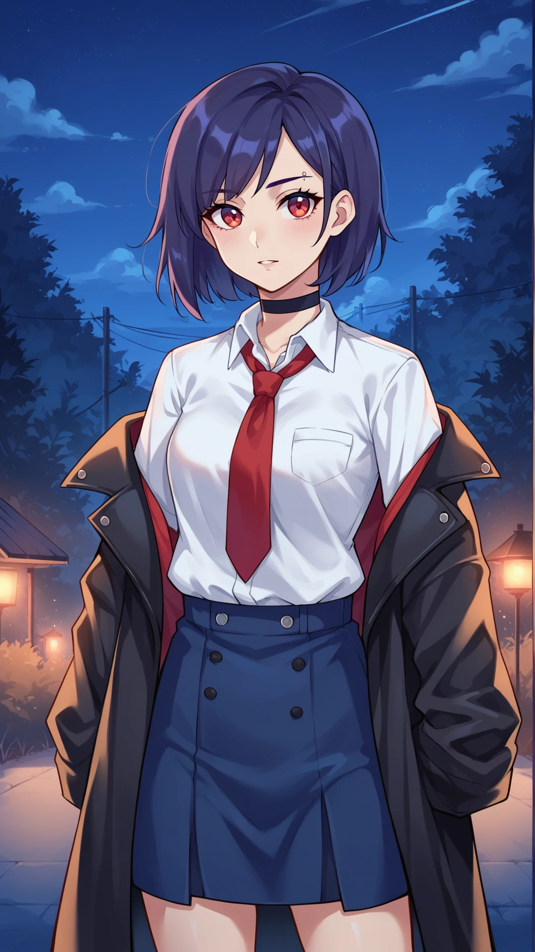 score_9, score_8_up, score_8, source_anime,
<lora:Everlasting_Summer_Kristina_by_GraffMetal:0.7>, kristina, short hair, red eyes, piercing, dark purple hair color, bob hair cut, 1girl, solo, blue hair, black hair, eyebrow piercing
choker, 
Black coat, white shirt, red tie, blue skirt, night, outside, 
amazing background, looking at the viewer,