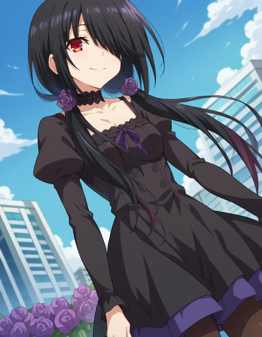score_9, score_8_up, score_7_up, source_anime,
kurumitokisaki, <lora:kurumi-tokisaki-ponyxl-lora-nochekaiser:1>,
kurumi tokisaki casual, long hair, black hair, red eyes, long sleeves, dress, pantyhose, hair over one eye, black dress, black pantyhose, puffy sleeves, choker, collarbone, skirt, black skirt, flowers, hair flowers, purple flowers, twintails, low twintails,
outdoors, cityscape, smile,
looking at viewer, cowboy shot, dutch angle,