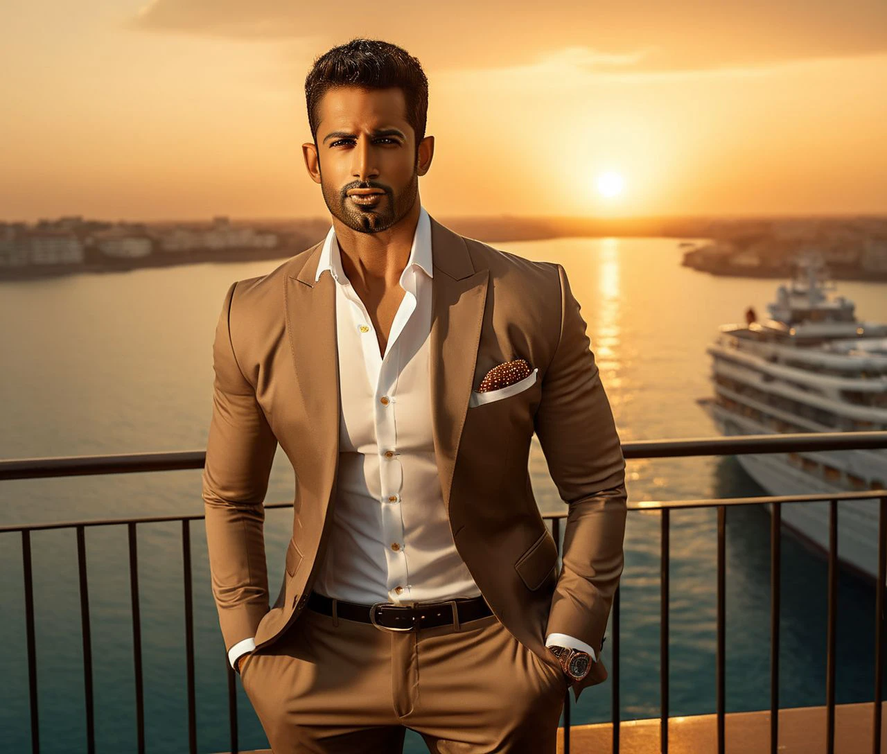 Nautical-themed (Photo:1.3) of (Ultrarealistic:1.3) <lora:Man_Men_FFashion:1> mahesh jadu a man <lora:Upen-Patel_Mahesh-Jadu:1> in a tan suit standing on a balcony, sun behind him, inspired by Pablo Munoz Gomez, shot at golden hour, editorial photograph, midshot of a hunky, by Roman Bezpalkiv, by Artur Tarnowski, maxim sukharev, by Gabor Szikszai,Highly Detailed,(Mono Color:1.3) . Sea, ocean, ships, maritime, beach, marine life, highly detailed