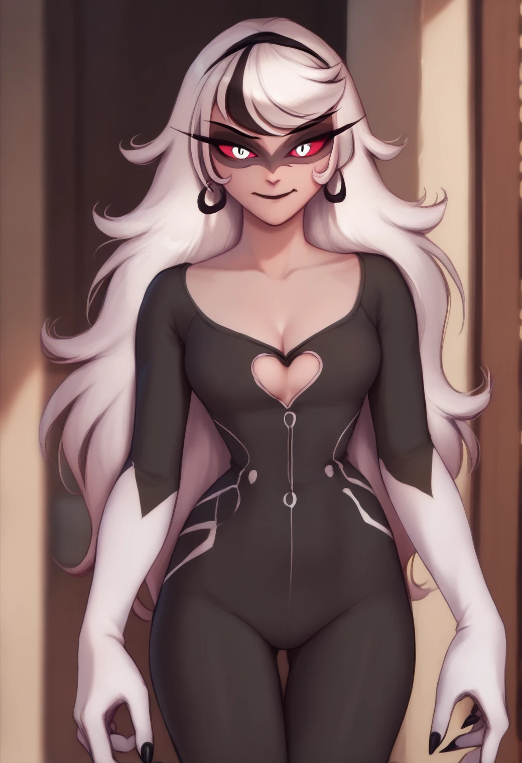 <lora:hazbin_hotel_ponyxl_v2-000025:0.9>, carmilla, cleavage, solo, 1girl, standing, smile, (heart cutout), closed mouth, black bodysuit, long hair, straight hair,
BREAK
score_9, score_8_up, score_7_up, score_6_up, <lora:PersonalAmi_PonyXL_resize:1>