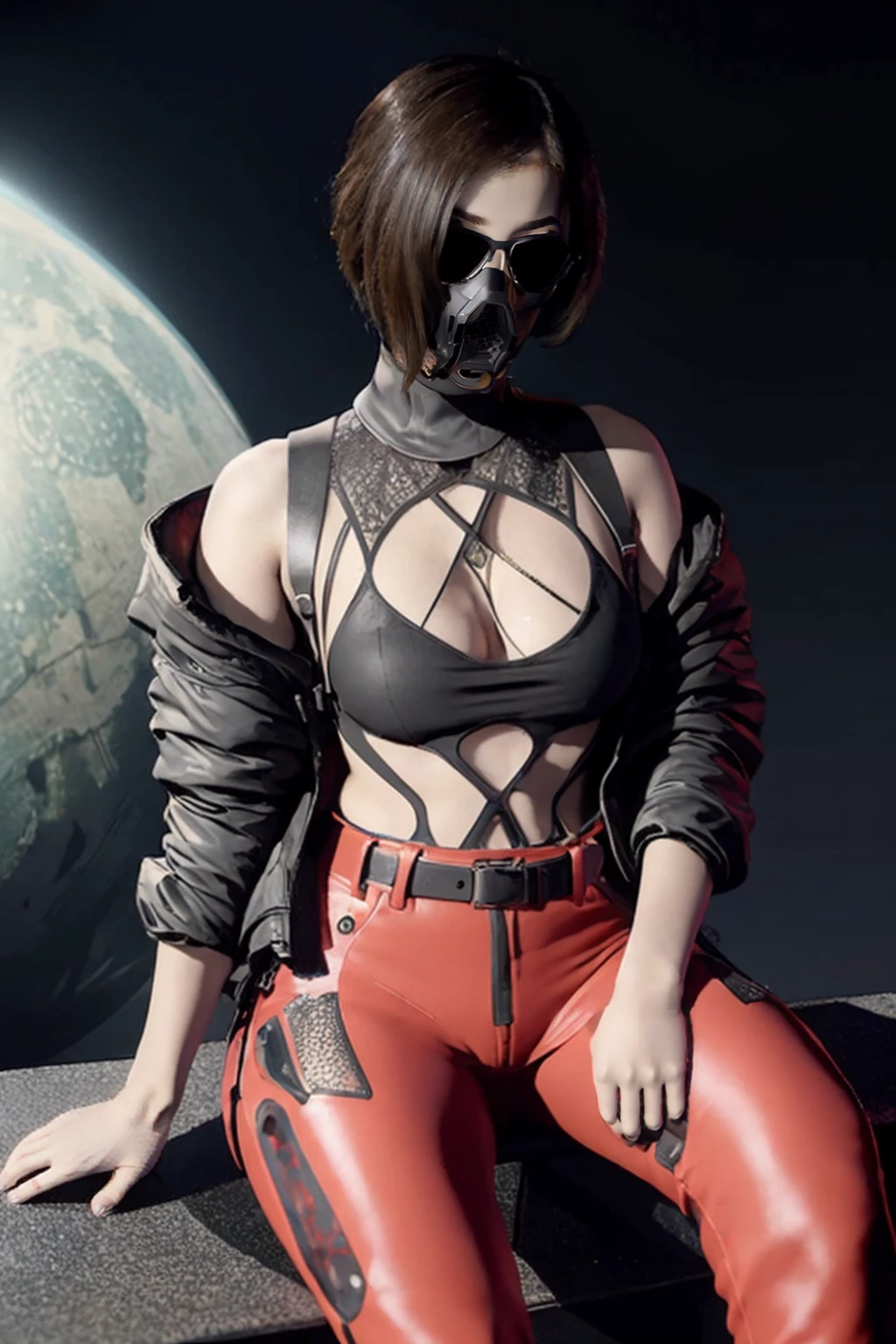 JetAugmentedHuman, mask, leather outfit, a pair of sunglasses, futuristic suit, lacy collar, off the shoulders jacket, sleeves pushed up, red pants, belt, rings, white boots, (full body, cleavage, navel:1), ((sitting on a bench, sexy pose, fantasy background, away from the camera:1)), looking at viewer, looking to the side, (masterpiece, best quality:1) , solo, 1girl, nsfw, blush, young, beautiful girl, sexy girl, (dynamic poses:1.2), arms behind back, aesthetic hands, female hands, beautiful hands, perfect hands, beautiful face, perfect face, high contrast, 8K, sharp focus, high resolution scan, Nikon Z9, Canon 5d, high detailed, realistic, very realistic, photorealistic, photorealism, RAW,  <lora:JetAugmentedHumanv1-000015:0.8>