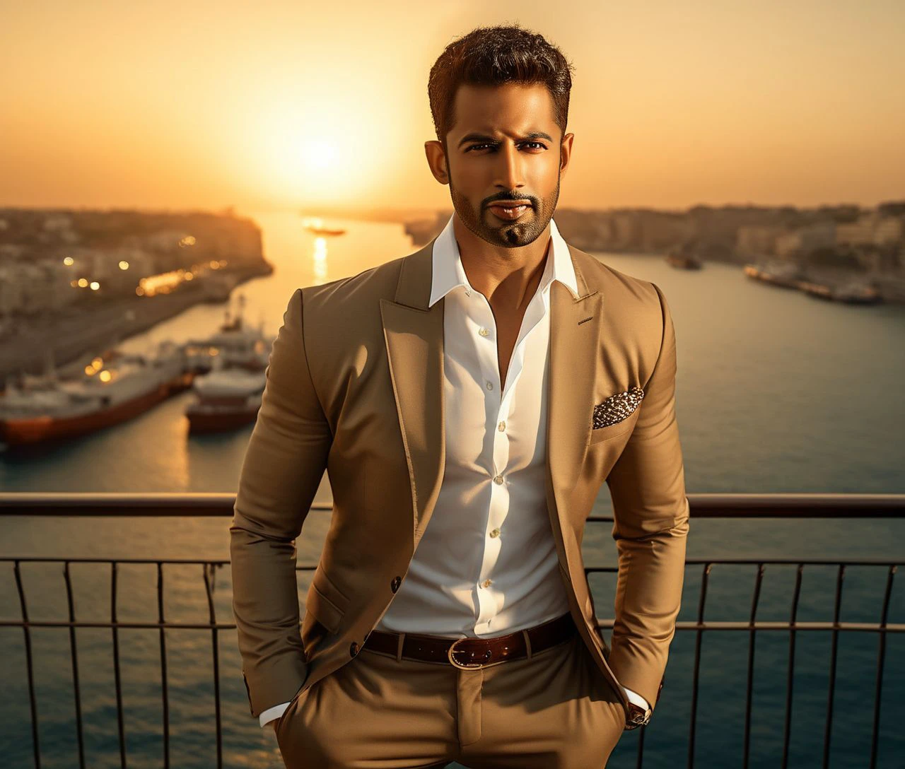 Nautical-themed (Photo:1.3) of (Ultrarealistic:1.3) <lora:Man_Men_FFashion:1> mahesh jadu a man <lora:Upen-Patel_Mahesh-Jadu:1> in a tan suit standing on a balcony, sun behind him, inspired by Pablo Munoz Gomez, shot at golden hour, editorial photograph, midshot of a hunky, by Roman Bezpalkiv, by Artur Tarnowski, maxim sukharev, by Gabor Szikszai,Highly Detailed,(Mono Color:1.3) . Sea, ocean, ships, maritime, beach, marine life, highly detailed