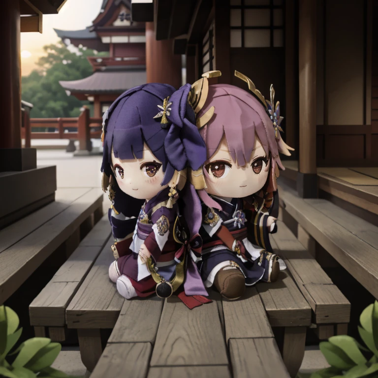 ((2girls sitting back-to-back)),
<lora:yaemiko1:0.9> yaemikodef, grin,
AND
<lora:raidenshogun1:0.8> raidenshogundef, blush, embarrassed
BREAK
<lora:2024-04-15_09-56-15-save-870-10-0:1>plushify, character stuffed toy, chibi,
sitting on a bench facing a japanese temple,
sunshine, sunrays,
sakura blossoms,
happy,