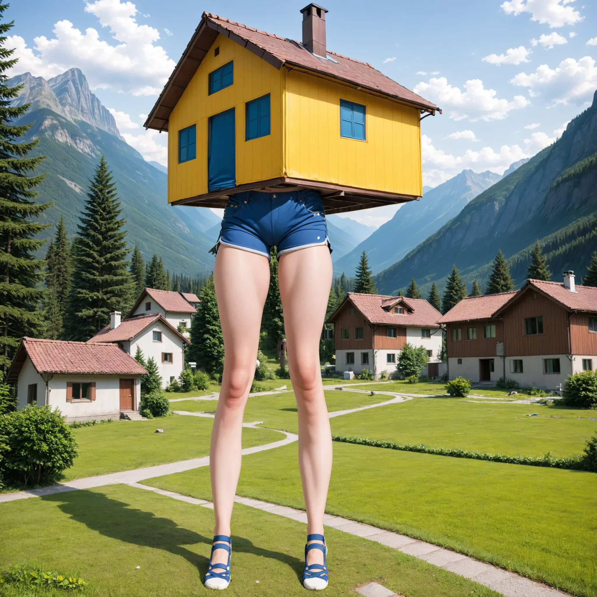 house with legs, wearing shorts, scenery