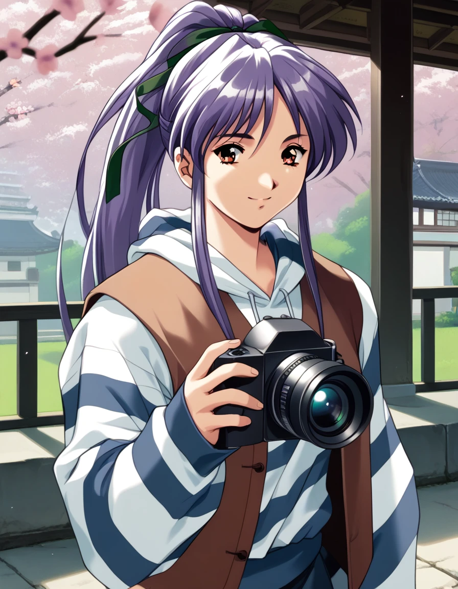 score_9,  score_8_up, score_7_up
<lora:takabe-eri-ponyxl-000028:1> takabe, purple hair, hair ribbon, open vest, brown vest, striped hoodie, white hoodie, blue hoodie,
1girl, solo, light smile, holding camera, taking picture, east asian architecture, cherry blossoms