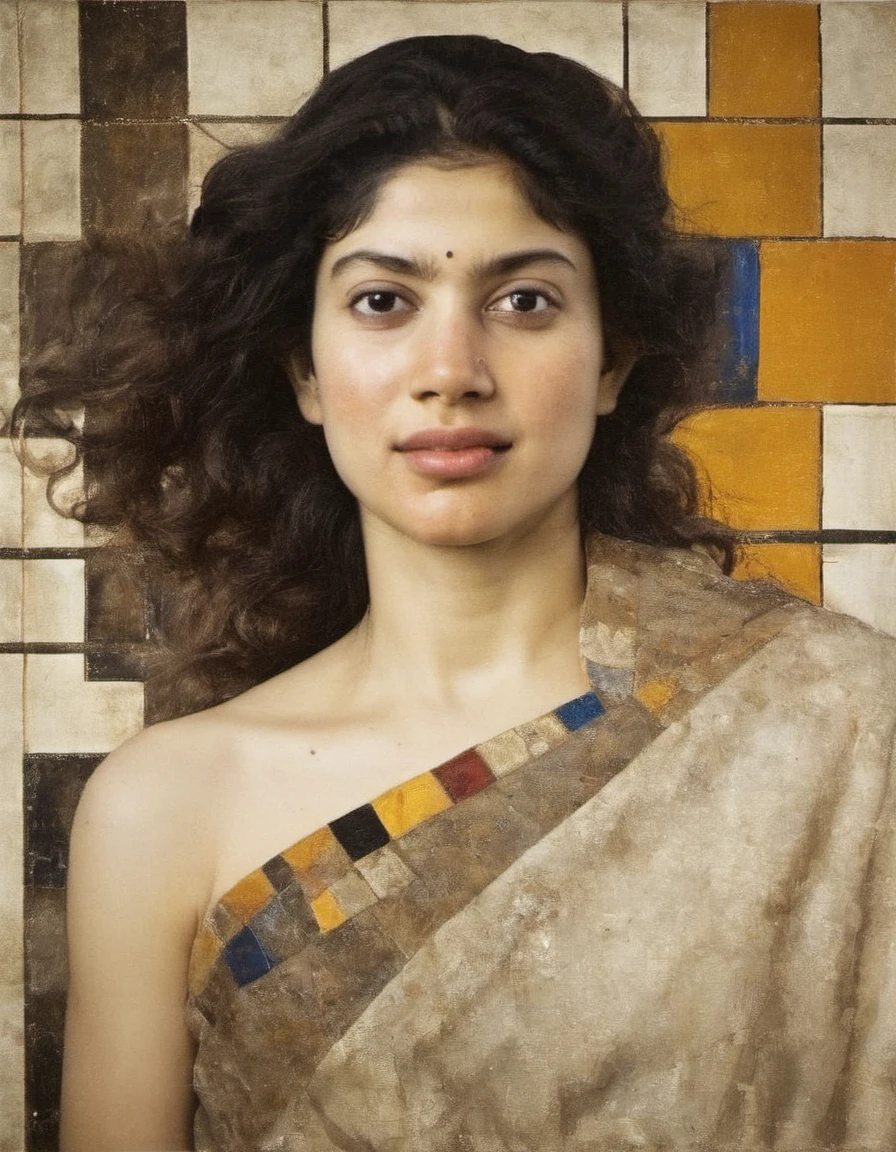 SaiPallavi,an image of woman with their ed, in the style of expressive, textured portraiture, cut/ripped, luis ricardo falero, giotto, dark white and dark amber, self-portrait, piet mondrian