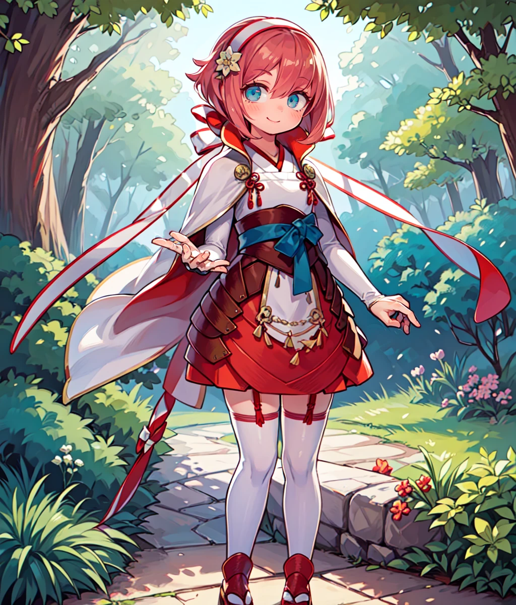 1girl, solo, pink hair, short hair, brown eyes, hairband, japanese clothes, thighhighs, zettai ryouiki, capelet, bridal gauntlets, sandals, gohei, cowboy shot, smile, outdoors, forest. ((full body)) <lora:Sakura_FE:0.8>, Masterpiece, best quality, high resolution, unity 8k wallpaper, (illustration:0.8), (beautiful detailed eyes:1.6), extremely detailed face, perfect lighting, extremely detailed CG, (perfect hands, perfect anatomy),
