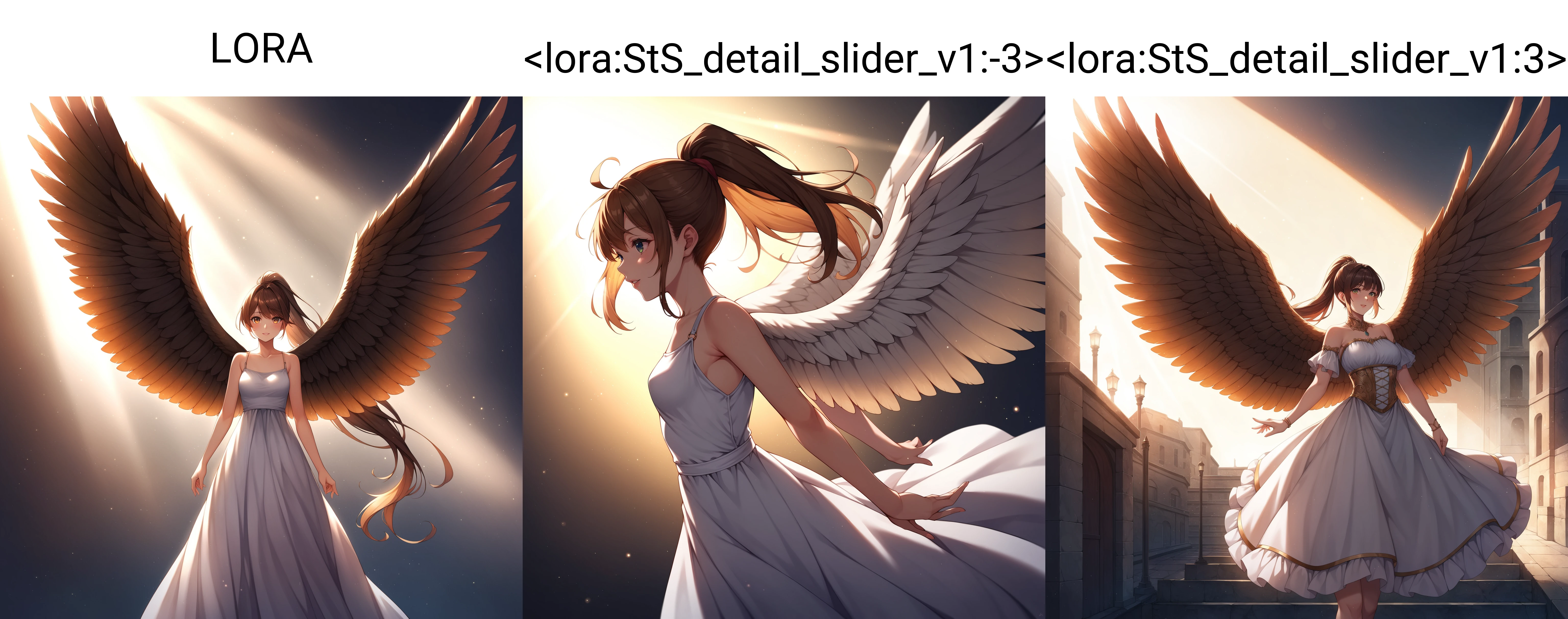 score_9, score_8_up, score_7_up, source_anime, 1girl, solo, (facing viewer), dress, long hair, ponytail, brown (feathered wings), highly detailed wings, upper back wings, large wings, [detailed eyes], (street), [[light particles]], detailed skin, skin texture, sunlight, 4k wallpaper, [[backlighting]], [lens flare], LORA,