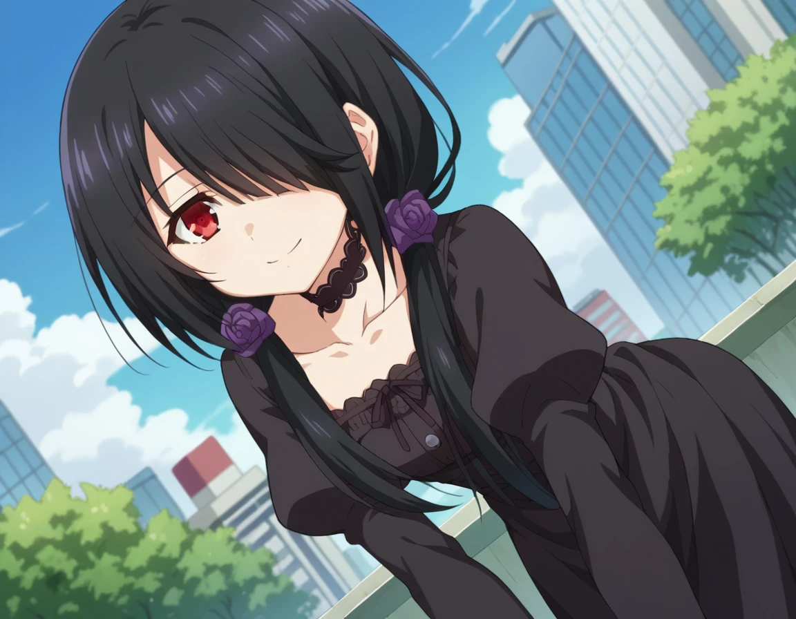 score_9, score_8_up, score_7_up, source_anime,
kurumitokisaki, <lora:kurumi-tokisaki-ponyxl-lora-nochekaiser:1>,
kurumi tokisaki casual, long hair, black hair, red eyes, long sleeves, dress, pantyhose, hair over one eye, black dress, black pantyhose, puffy sleeves, choker, collarbone, skirt, black skirt, flowers, hair flowers, purple flowers, twintails, low twintails,
outdoors, cityscape, smile, bent over,
looking at viewer, cowboy shot, dutch angle,