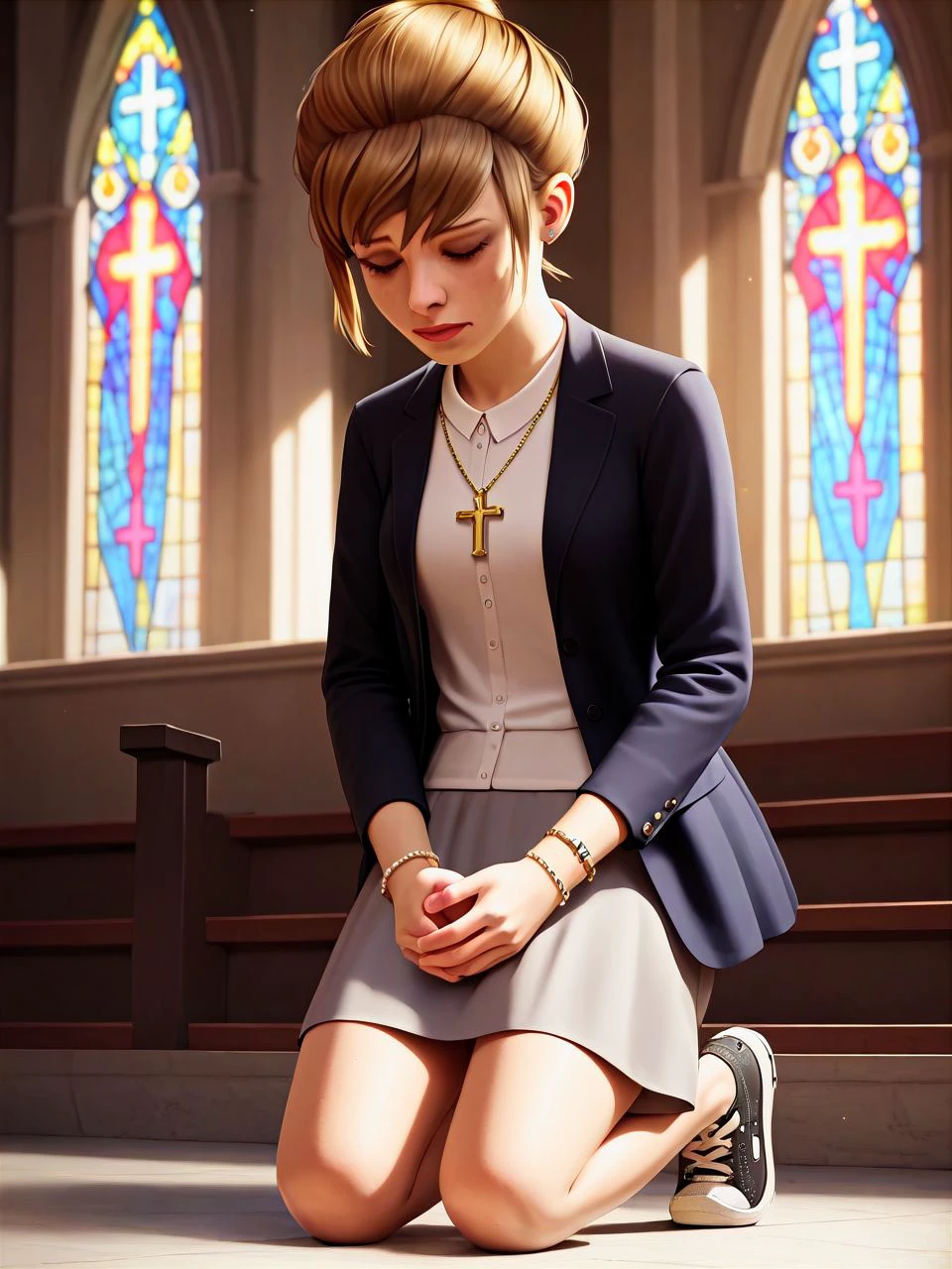 score_9,score_8_up,score_7_up, BREAK 1girl, solo, church, pews, altar, <lora:kat3LIS_PDXL:1.0> kat3lis, dark blonde hair, hazel eyes, cross necklace, bracelet, blouse, black blazer, medium-length  grey skirt, sneakers, on knees at altar, looking down, eyes closed, praying,