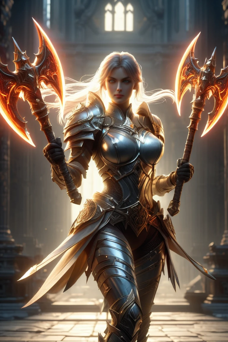 a cinematic shot of a beautiful female knight holding glowing dual axes, temple in background, reflective light, HD, masterpiece, best quality, hyper detailed, ultra detailed