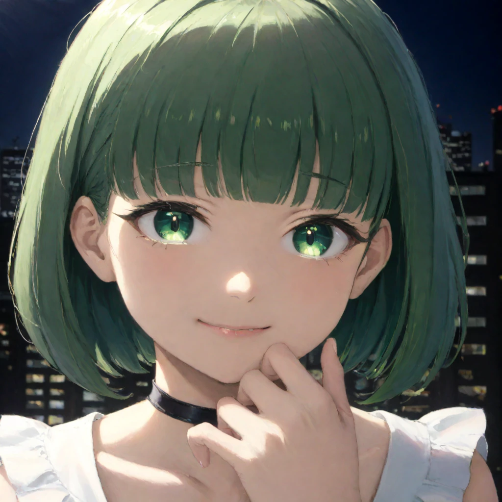 okawaii koto, 1girl, solo, looking at viewer, smile, bob cut, blunt bangs, light green hair, green eyes, cityscape, night, empty eyes, hand on own chin, maid outfit, detached collar, upper body <lora:Okawaii_koto:1>