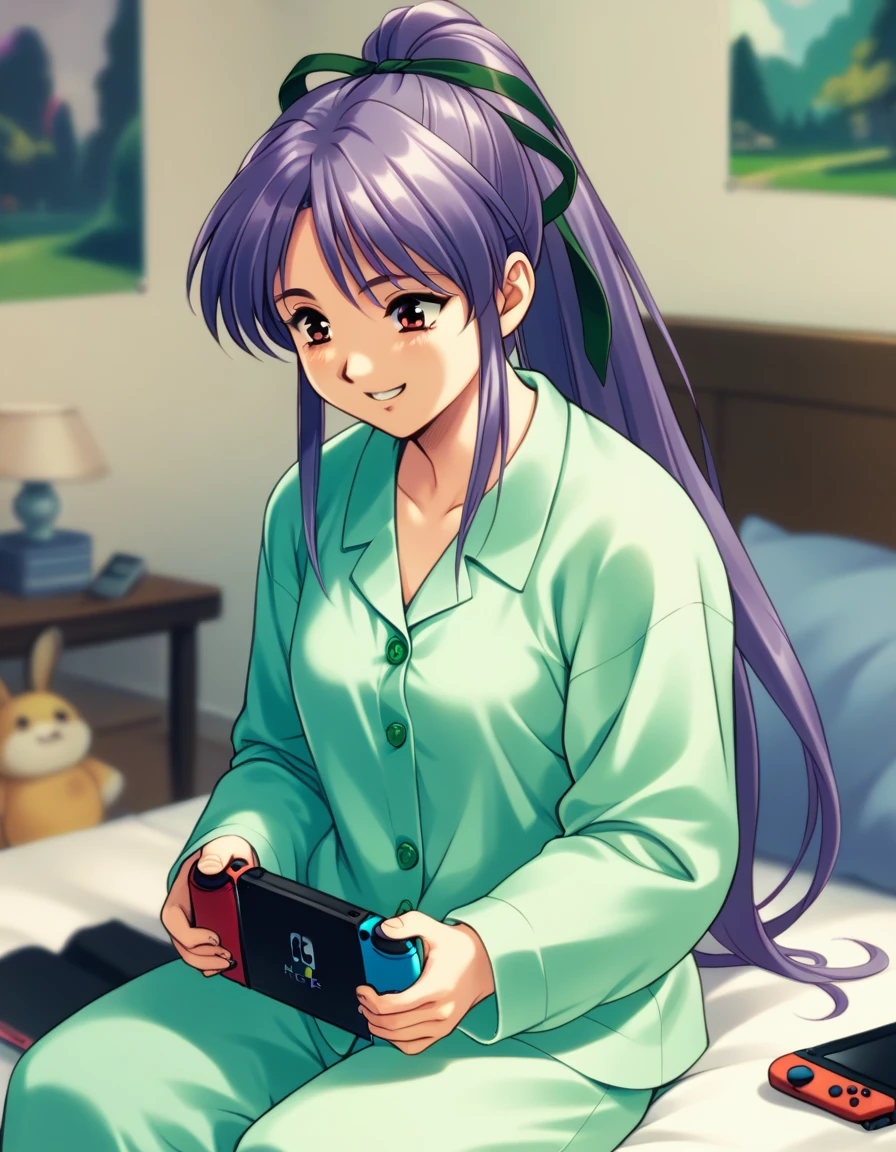 score_9,  score_8_up, score_7_up
<lora:takabe-eri-ponyxl-000028:0.8> takabe, purple hair, hair ribbon, pajamas, green pajamas
1girl, solo, happy, bedroom, sitting, bed, playing games, nintendo switch