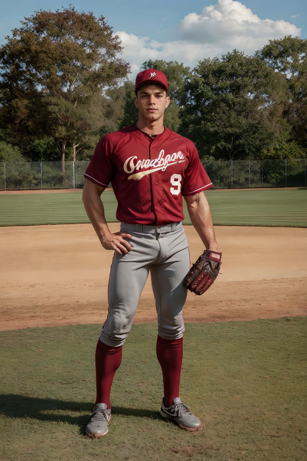 outdoor baseball field, standing in the grass, CliffJensen is a baseballplayer, wearing red baseball uniform, maroon jersey, gold lettering, ((gray pants)), maroon baseball cap, baseball mitt, (((full body portrait))), wide angle <lora:CliffJensen:0.8><lora:Clothing - Sexy Baseball Player:0.65>