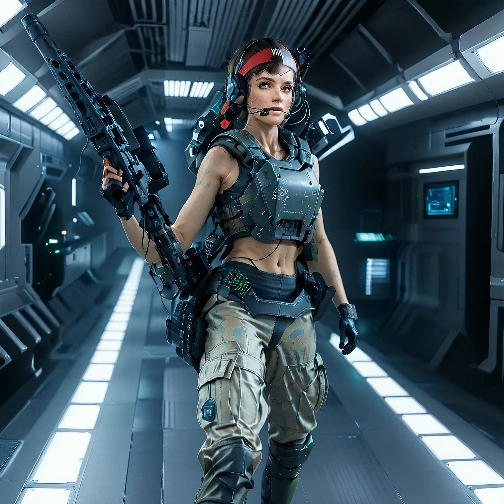 a woman in military uniform aiming a rifle with both hands, m56smrt, headphones, optical sight, fingerless leather gloves, headband, body armor, harness, science fiction, uscmc, helmet