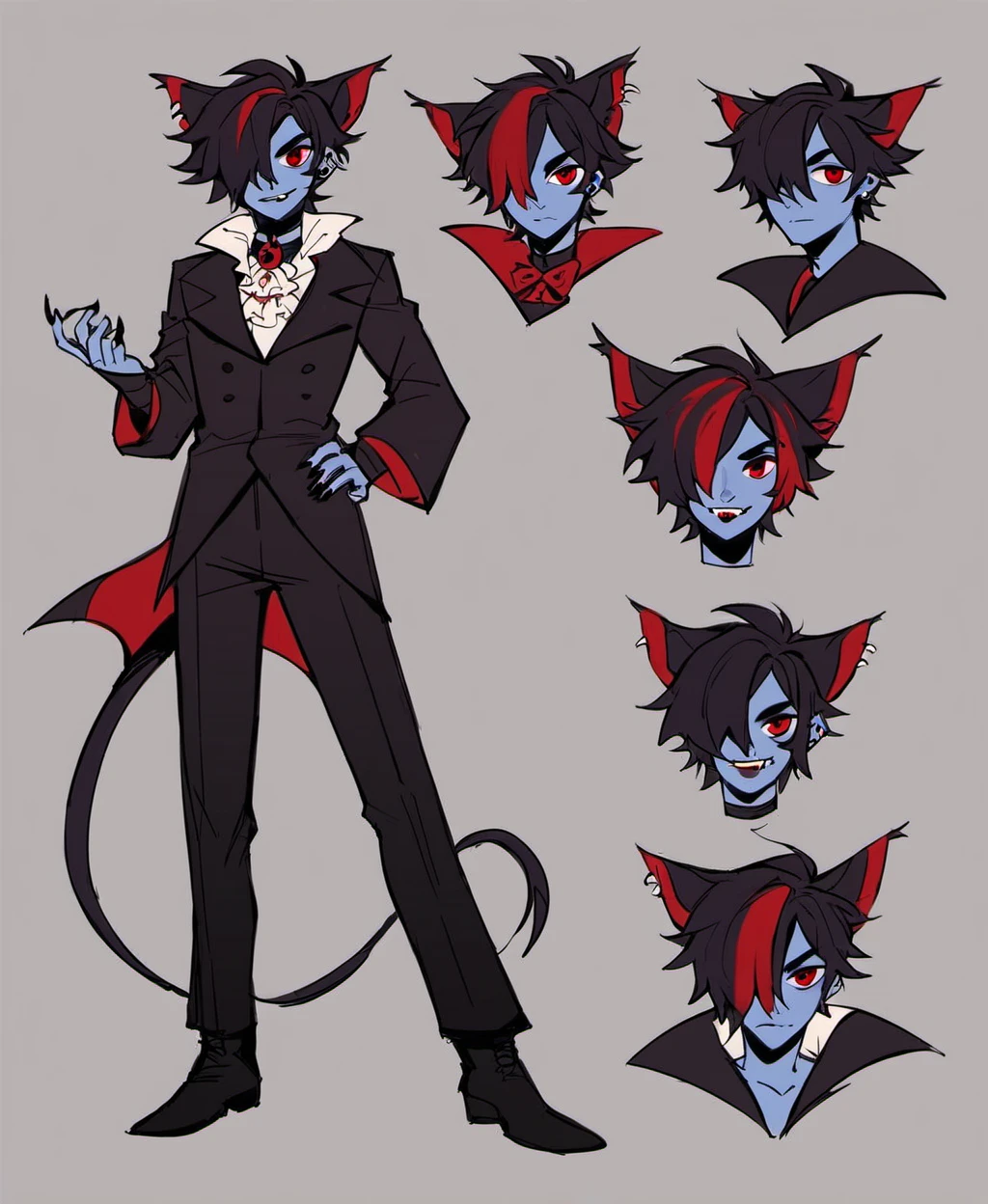 score_9, score_8_up, score_7_up, score_6_up, score_5_up, score_4_up, rating_suggestive,
full body,
human,
character sheet, multiple anges,
emo cat, boy,male, hair over one eye,streaked hair,red bow,one eye covered,flat color,red eyes, (grey skin:1.1), red eye, smile,dark blue,
vampire costume,Dracula, Count Dracula,Dracula cat,frill,blue skin,vitiligo, vitiligo on nose,
golden pin,
smokey,
 <lora:Smokey1:0.5>