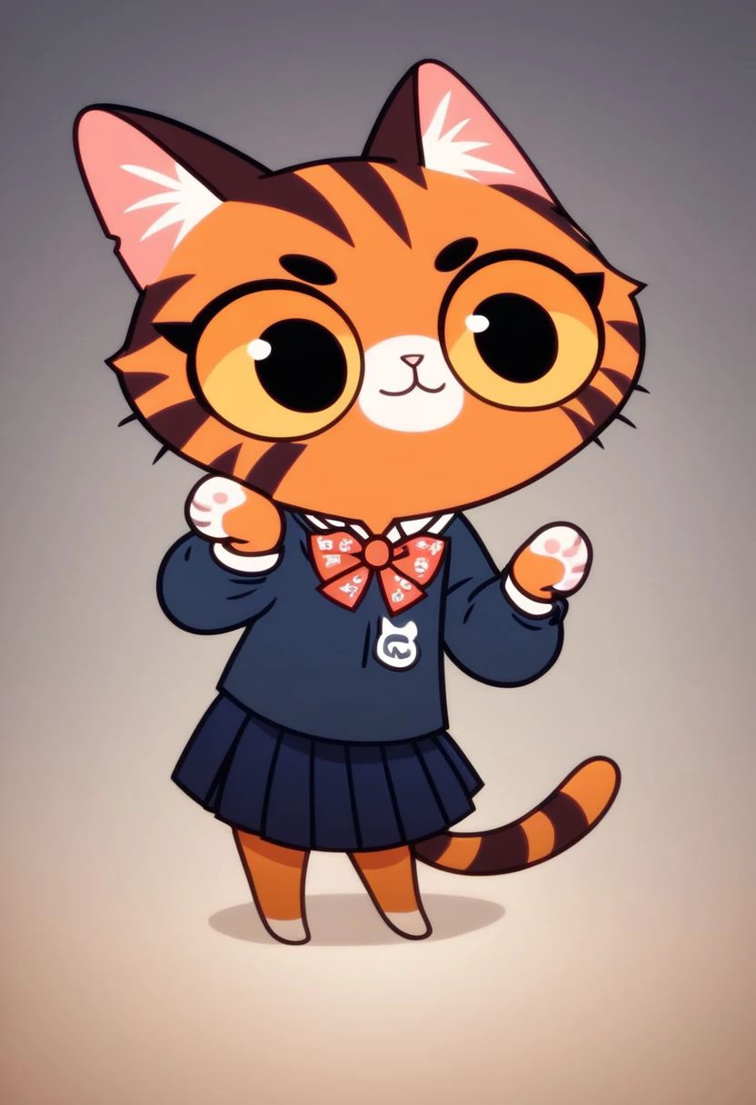 score_9, score_8_up, score_7_up, score_6_up, score_5_up, score_4_up,
Pimpochka style,
1girl, cat, animal ears, cute, orange fur, stripes,
cartoon, flat color, vector, minimalistic,
cartoon background, school outfit,