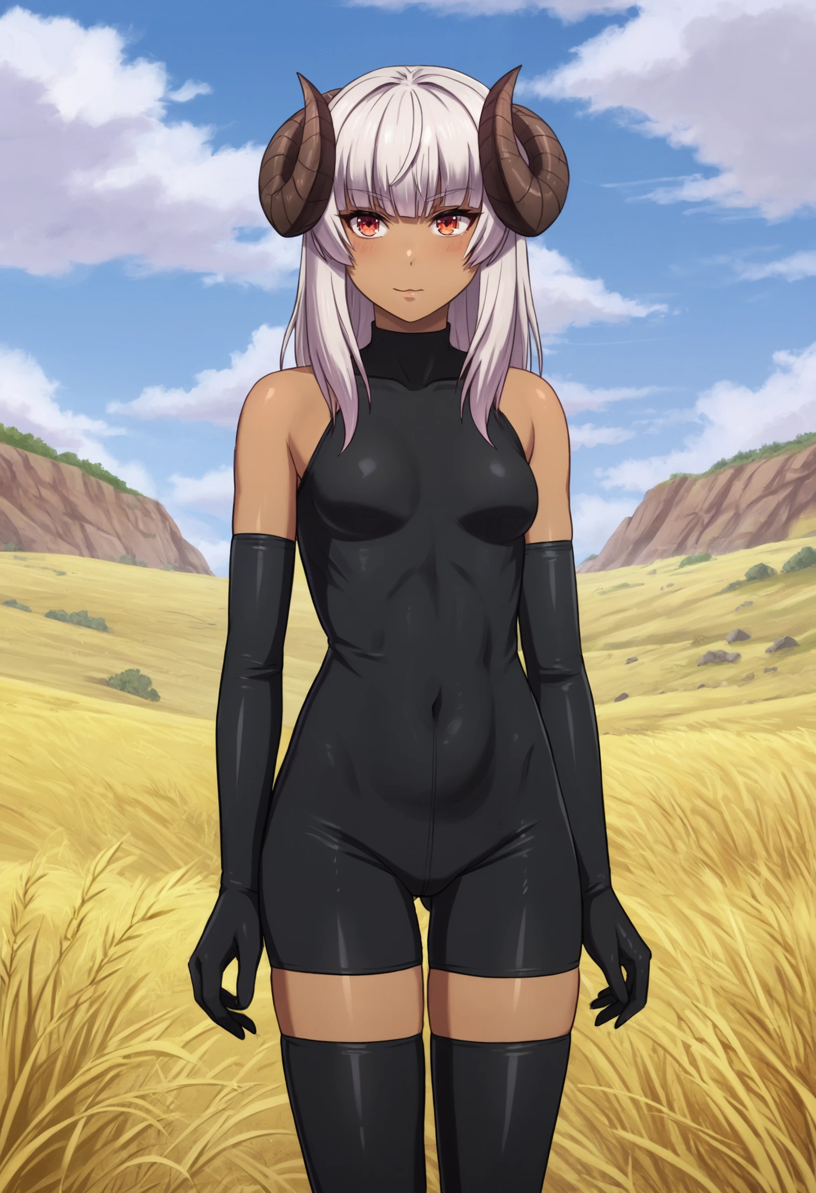 zPDXL, 1girl BREAK
felm, horns, dark-skinned female,
bodysuit, thighhighs, elbow gloves, thighs, 
standing, cowboy shot,
outdoors, blue sky,
<lora:felm-pony-kohya4-000004:0.8>