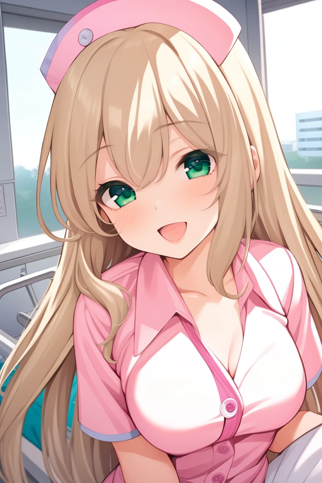 (masterpiece, best quality, very aesthetic, ultra detailed), intricate details, mochizukierena, solo, indoors, hospital, nurse, nurse cap, blonde hair, hair between eyes, very long hair, green eyes, medium breasts, pink dress, smile, open mouth, :d, pink lips, <lora:Mochizuki-Erena:0.7>