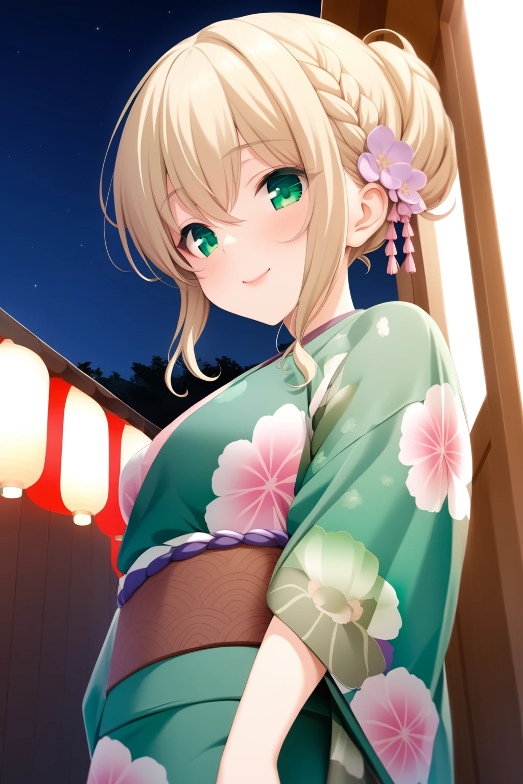 (masterpiece, best quality, very aesthetic, ultra detailed), intricate details, mochizukierena, solo, outdoors, night, summer festival, blonde hair, hair bun, hair between eyes, french braid, short hair, green eyes, medium breasts, green kimono, floral print, japanese clothes, smile, closed mouth, :), pink lips, <lora:Mochizuki-Erena:0.7>