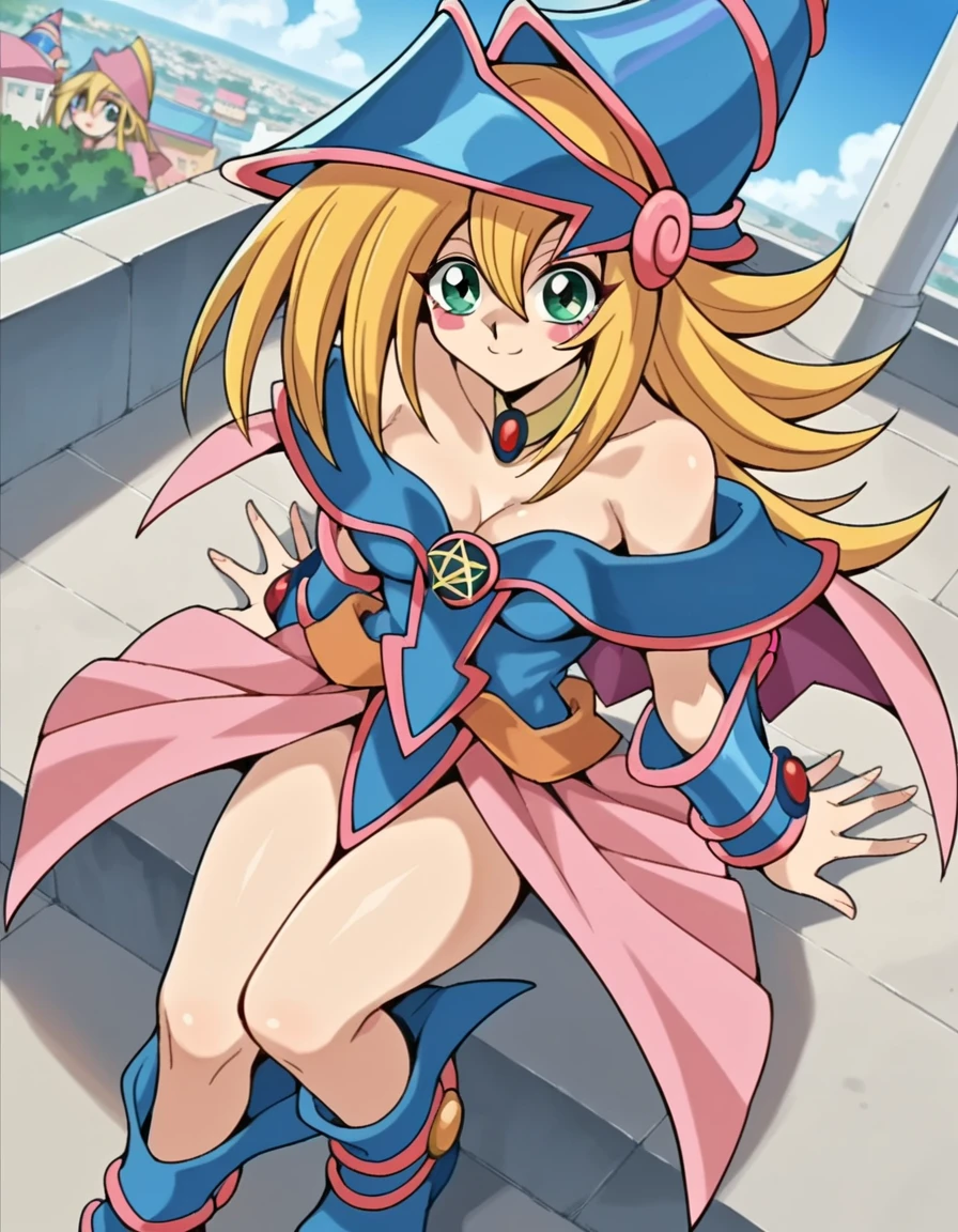 score_9, score_8_up, score_7_up, source_anime,
darkmagiciangirl, <lora:dark-magician-girl-anime-ponyxl-lora-nochekaiser:1>
dark magician girl, blonde hair, choker, green eyes, long hair, blush, blush stickers,
bare shoulders, blue footwear, blush, blush stickers, cleavage, collarbone, duel monster, hat, off shoulder, pentacle, wizard hat,
outdoors, cityscape, smile,
looking at viewer, dutch angle, cowboy shot,