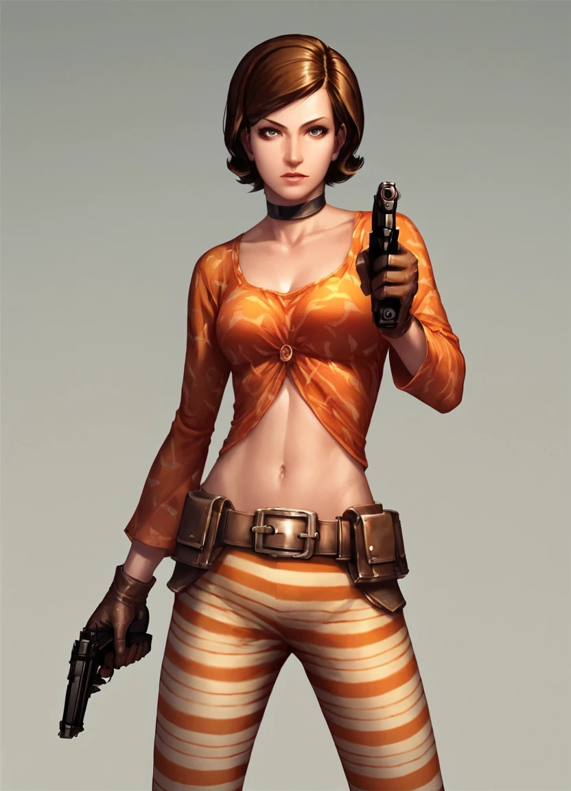 score_9, score_8_up, score_7_up, 
nolfcatearcher, 1girl, short hair, brown hair, gloves, navel, jewelry, weapon, choker, midriff, striped, belt, gun, handgun, patterned shirt, striped pants, octane render, 1960s style, orange, brown,
<lora:CateArcherPonyXL:0.8>