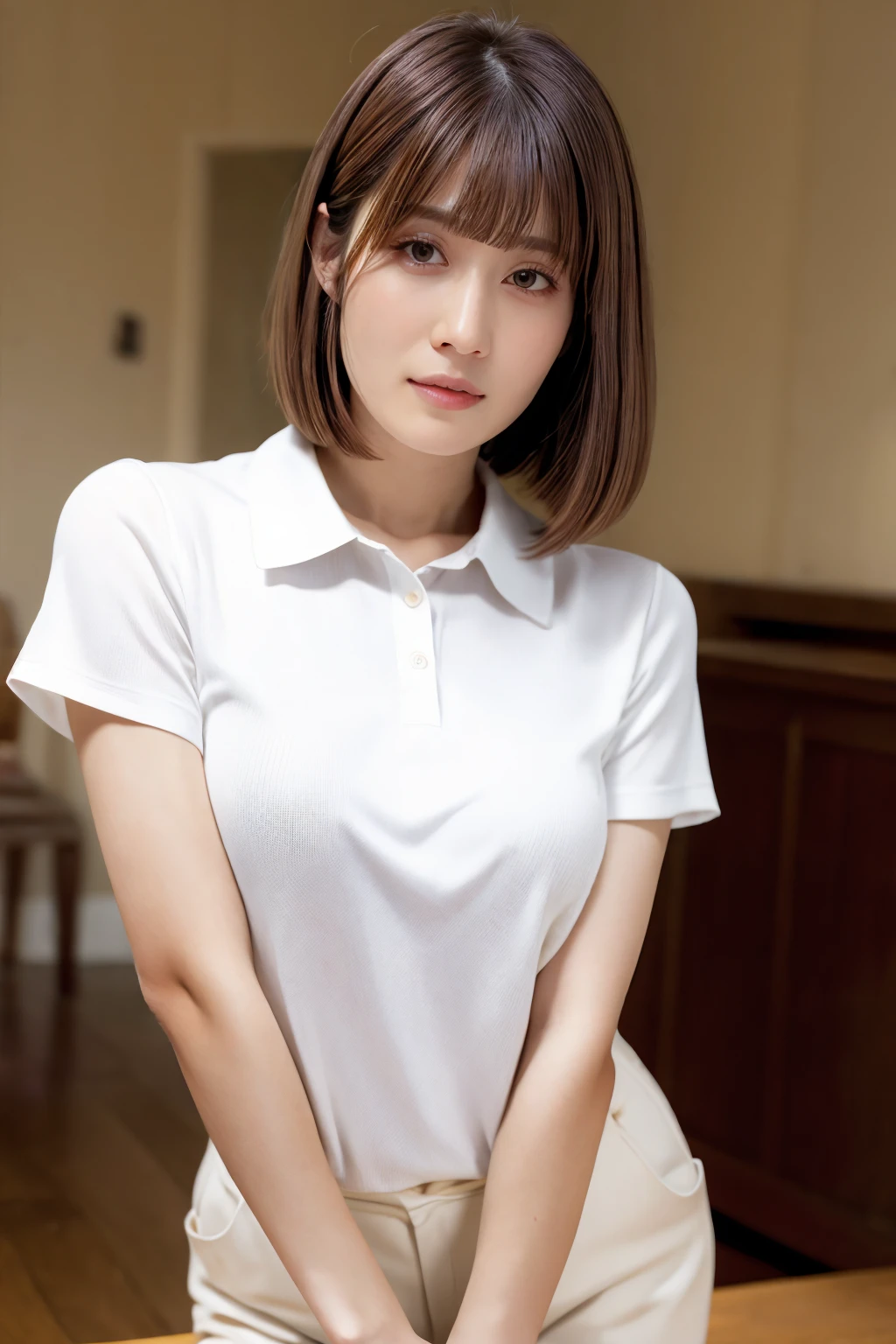 1girl, rihofujimori_jav, breasts, short hair, brown hair, brown eyes, blunt bangs, bangs, parted lips,  <lora:JAV_riho_fujimori_v1_epoch_10:0.8>
looking at viewer, shot using canon DSLR,  cowboy shot, from front, collared blouse, white pants,
detailed body, attractive body, perfect human body, realistic face, good hands,
(ultimate quality, masterpiece, highres:1.0), realistic:1.8, photorealistic,  <lora:goodhands_Beta_Gtonero:0>