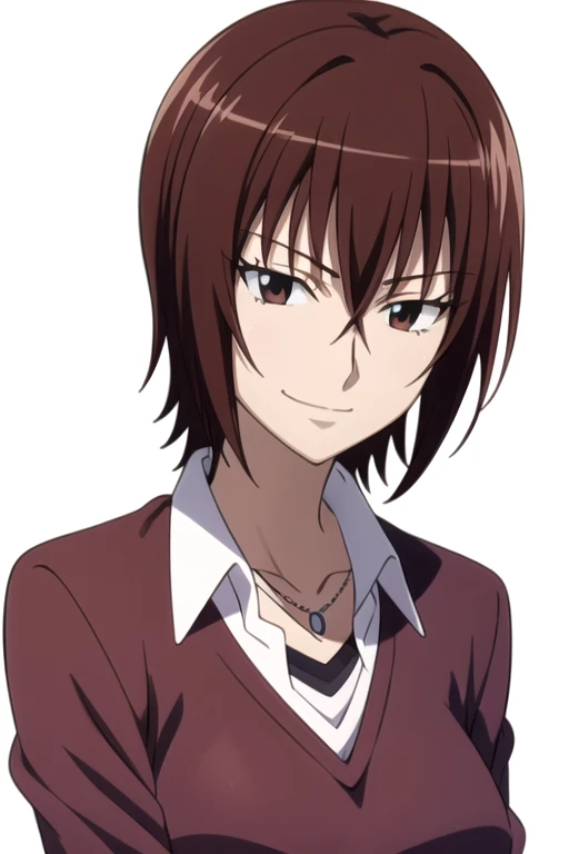 solo, 1girl, looking at viewer, 2D, anime, anime coloring, upper body, (solid white background:1.3), <lora:naruko-syd:0.8>, naruko yokoshima, sweater, necklace, smirk