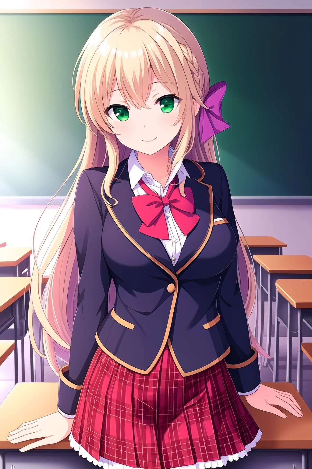 (masterpiece, best quality), highly detailed background, perfect lightingbest quality, mochizukierena, solo, indoors, classroom, blonde hair, hair between eyes, french braid, hair ribbon, purple ribbon, very long hair, green eyes, medium breasts, blue jacket, blazer, red bowtie, white shirt, red skirt, plaid skirt, black pantyhose, school uniform, smile, closed mouth, :), pink lips, <lora:Mochizuki-Erena:0.7>