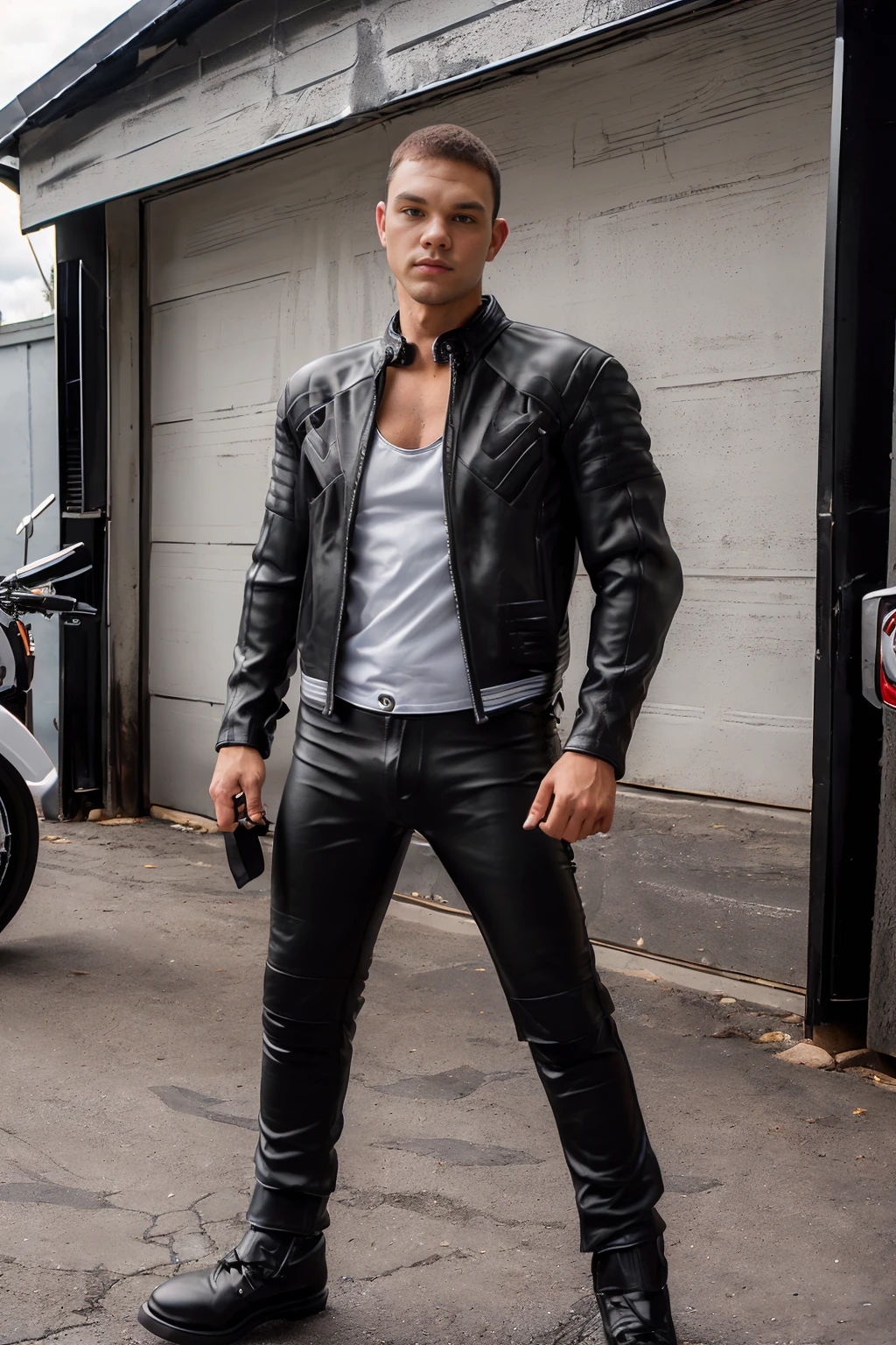 garage, (standing beside a motorcycle:1.5), suave, CliffJensen, wearing (white tank top:1.3), (solid black leather jacket:1.6), (solid black leather pants:1.6), boots, (((full body portrait))), wide angle  <lora:CliffJensen:0.8>  <lora:GayHarness_v2:0.2>