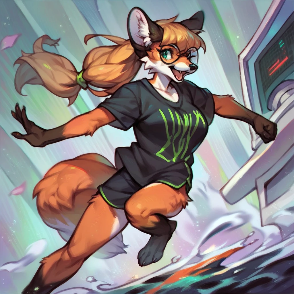 score_9, score_8_up, score_7_up, score_6_up, score_5_up, score_4_up, xenia, linux shirt, anthro fox female, round glasses, green eyes, solo, monitor, detailed, hair tie, ponytie, running, happy, detailed background, source_anime <lora:xenia-e11:1>