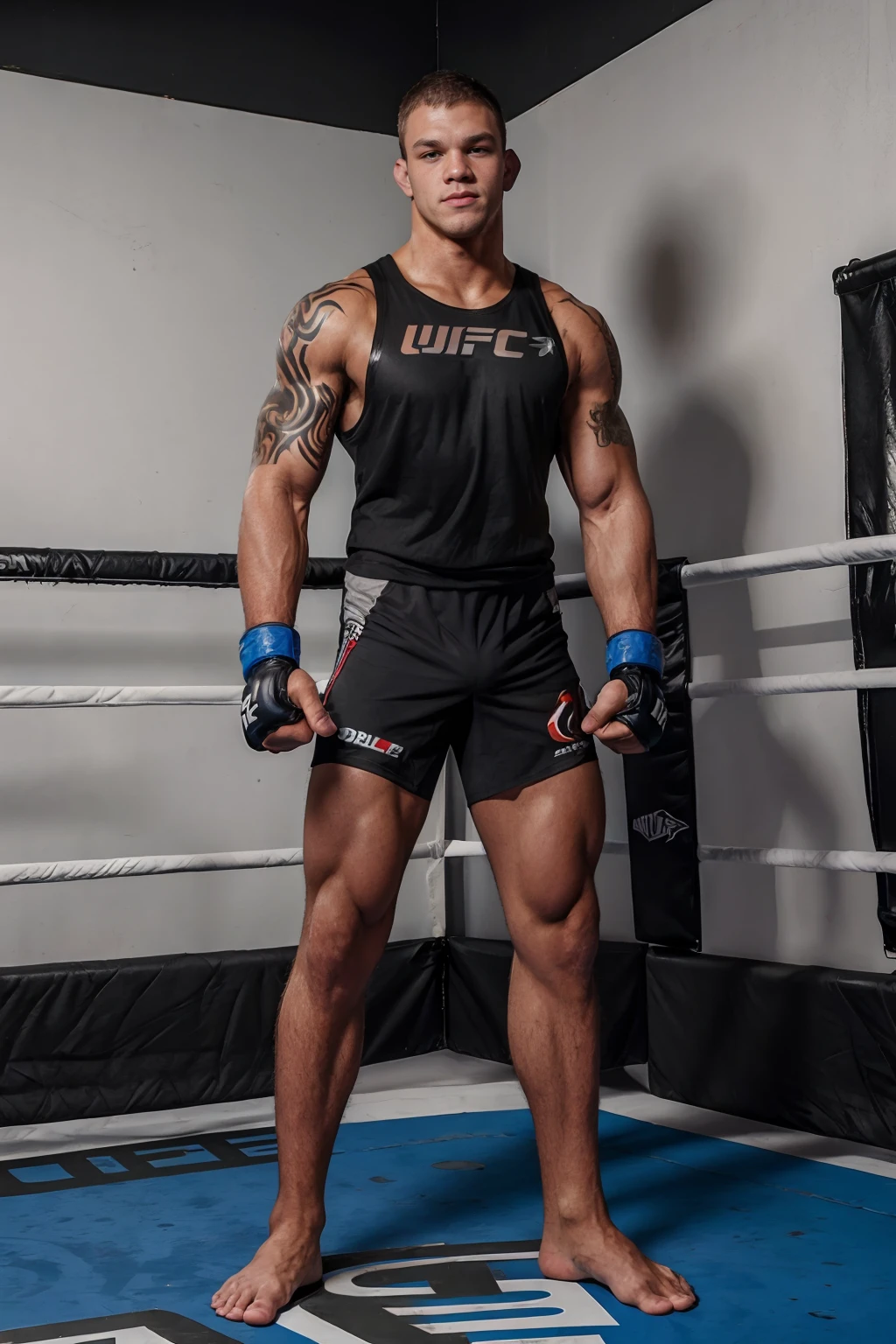 UFC fighting ring, cocky expression, CliffJensen is a UFC fighter, (black muscle shirt:1.4), Venum UFC shorts, (UFC fighting gloves), (((full body portrait))), wide angle  <lora:CliffJensen:0.8>