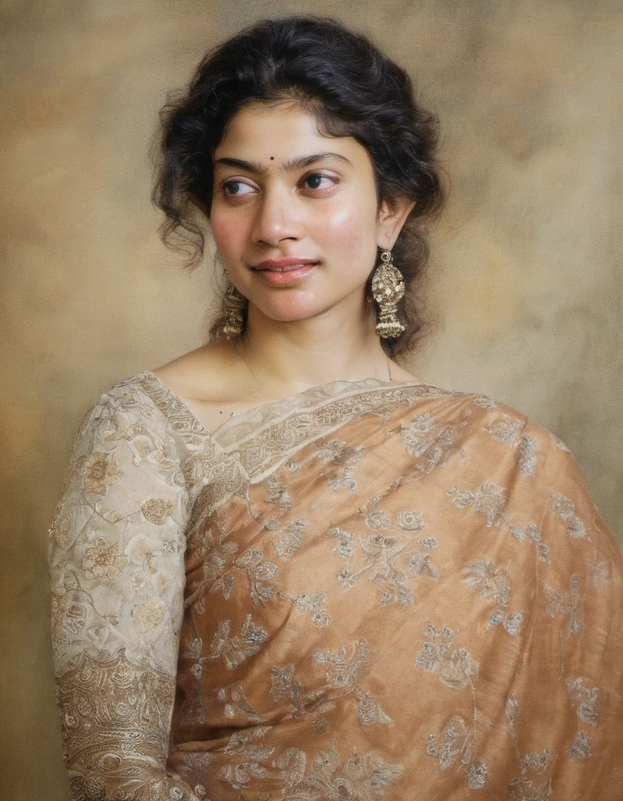 SaiPallavi,Stunning portrait of woman wearing a sari, side angle, beautiful highly detailed face, in the style of Rembrandt, realistic yet ethereal, refined aesthetic sensibility, playful femininity, unpolished authenticity, ultra-realistic, expressive facial features, accurate and detailed, wavy, oshare kei, light brown