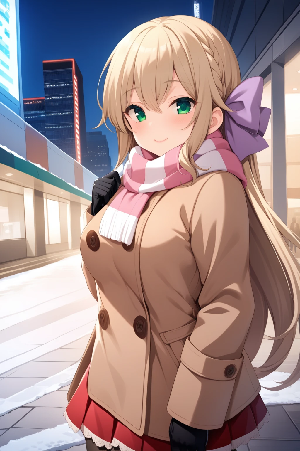 (masterpiece, best quality, very aesthetic, ultra detailed), intricate details, mochizukierena, solo, outdoors, winter, city, blonde hair, hair between eyes, french braid, hair ribbon, purple ribbon, very long hair, green eyes, pink scarf, striped scarf, medium breasts, brown coat, black gloves, red skirt, pleated skirt, black pantyhose, winter clothes, smile, closed mouth, :), pink lips, <lora:Mochizuki-Erena:0.7>