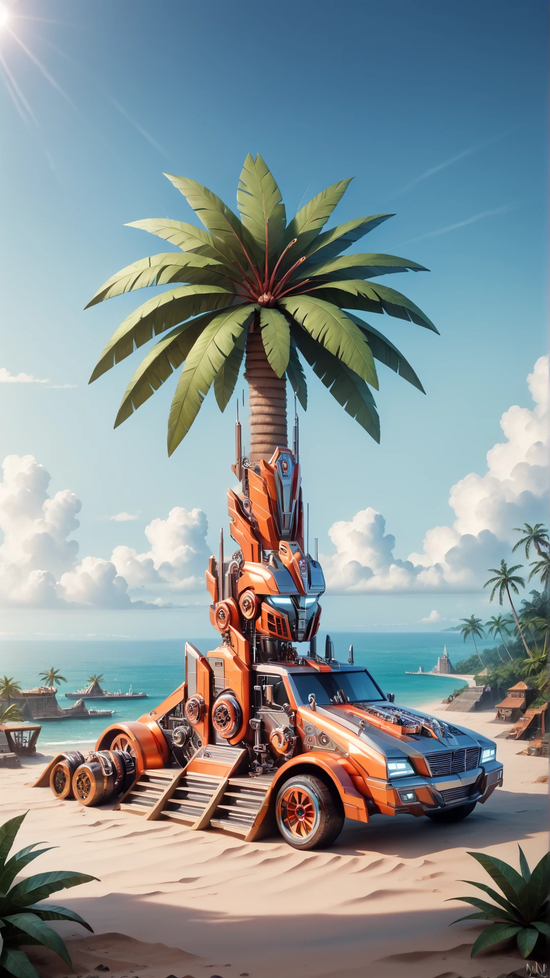 score_9, score_8_up, score_7_up, score_6_up, score_5_up, <lora:TransformersStylePony:0.9> TransformersStyle Digital painting of a tropical island scene, with a coconut tree prominently displayed, its surface etched with a treasure map. Surrounding the tree is a garden of intricate glass sculptures, reflecting the vibrant hues of the sunset sky. The atmosphere is serene and mysterious, evoking a sense of adventure and discovery. The composition is balanced, with the tree and sculptures taking center stage, and the setting sun casting long shadows across the sandy ground. The colors are rich and vivid, with a warm palette of greens, blues, and golds. The details of the glass sculptures and the etchings on the coconut are crisp and clear, inviting the viewer to explore and decipher the hidden secrets within the scene., hi-tech, sci-fi, technology, metallic, <lora:Realistic_2.5DAnime_Merge1:0.7> <lora:add-detail-xl:1.5>, (Masterpiece:1.3) (best quality:1.2) (high quality:1.1)