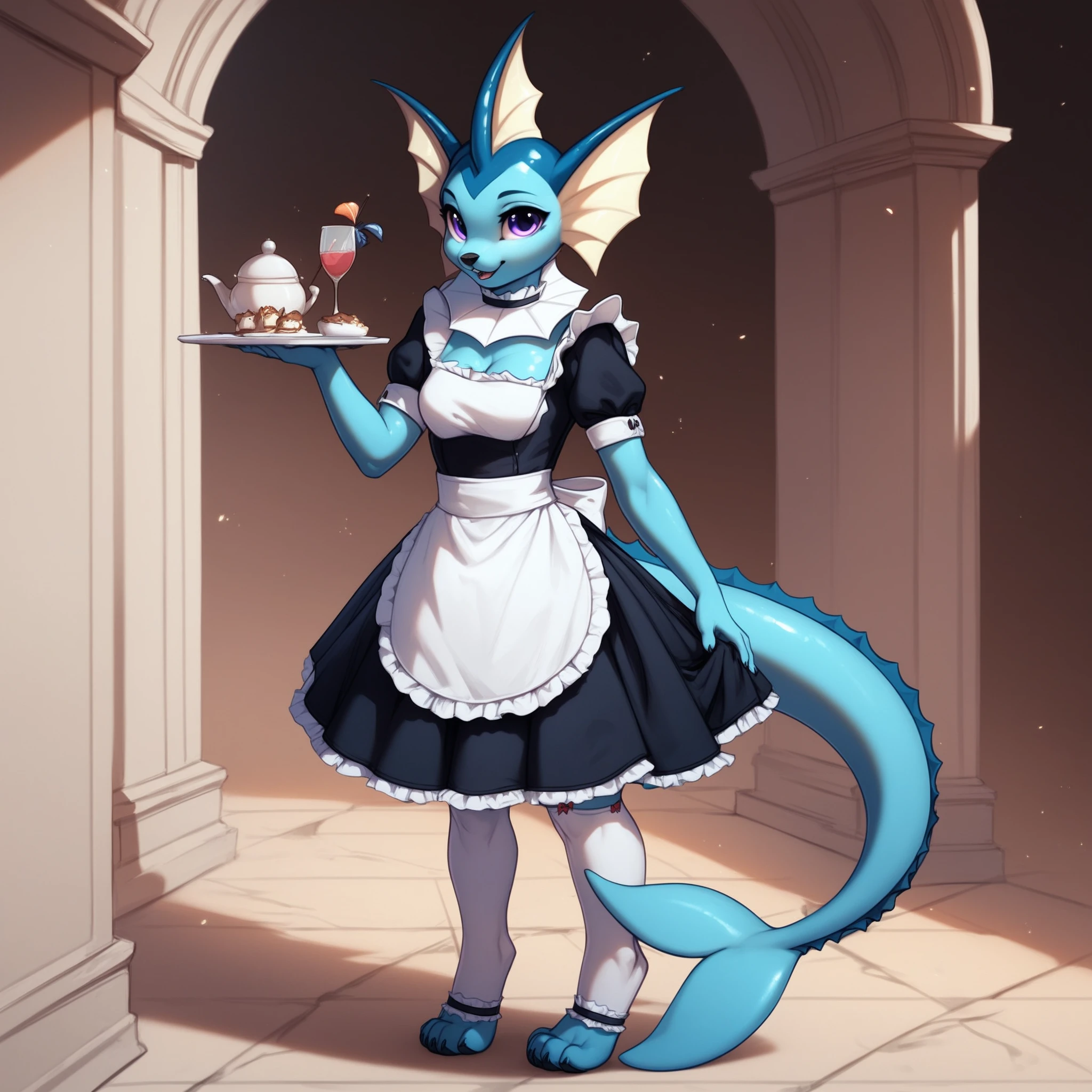 score_9, score_8_up, score_7_up, score_6_up, score_5_up, score_4_up, rating safe, source furry, <lora:Vaporeon_PonyV6SDXL:0.8>, detailed background, mansion, full-length portrait,  BREAK
solo, female, anthro, Vaporeon, maid uniform, frilly clothing, knee highs, cute expression, looking at viewer, 4 toes, 5 fingers, blue body,