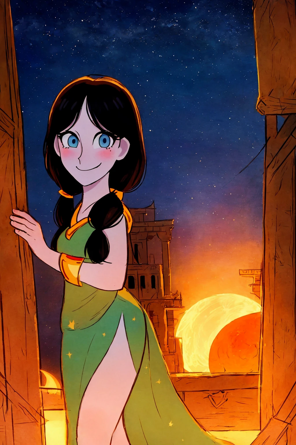 masterpiece, ultra-detailed, best quality, illustration, 8k cg wallpaper, an extremely delicate and beautiful, 1girl, Princess Jasmine /(Aladdin/), solo, perfect anatomy, smiling, blushing, dark skin, perfect arms, perfect legs, cute, pretty, beautiful, sexy, perfect body, (background: Arabian city, Arabian buildings, night sky, moon, stars, intricately detailed items in background), <lora:Wolfwalkers:1>